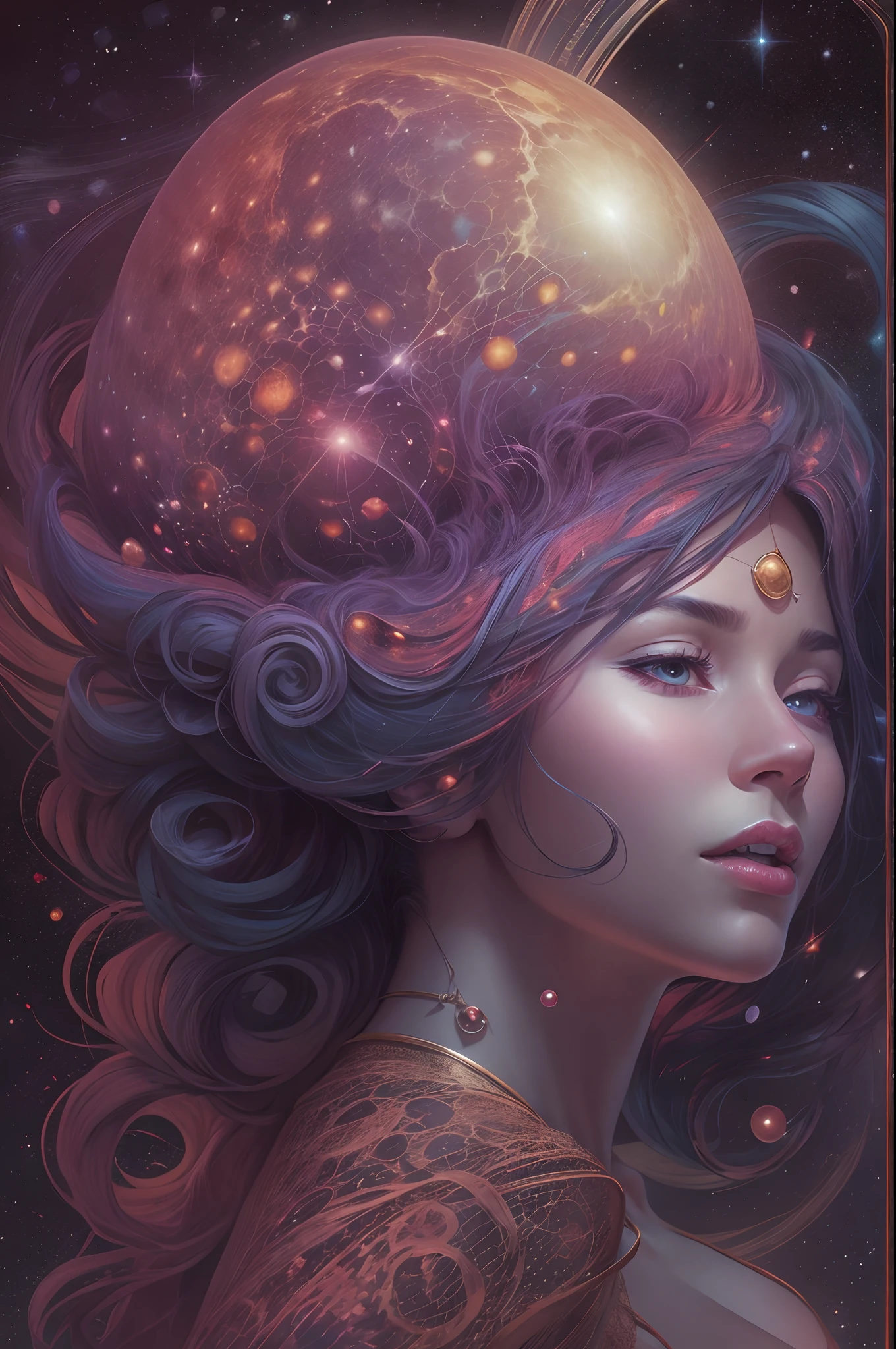 a woman with a glowing hair and a glowing dress, portrait of a cosmic goddess, digital fantasy art ), fantasy portrait, beautiful celestial mage, digital art fantasy, digital art fantasy art, fantasy art behance, fantasy digital art, inspired by WLOP, fantasy art portrait, wlop art, digital fantasy portrait, beautiful fantasy portrait, gorgeous digital art, fantasy digital painting