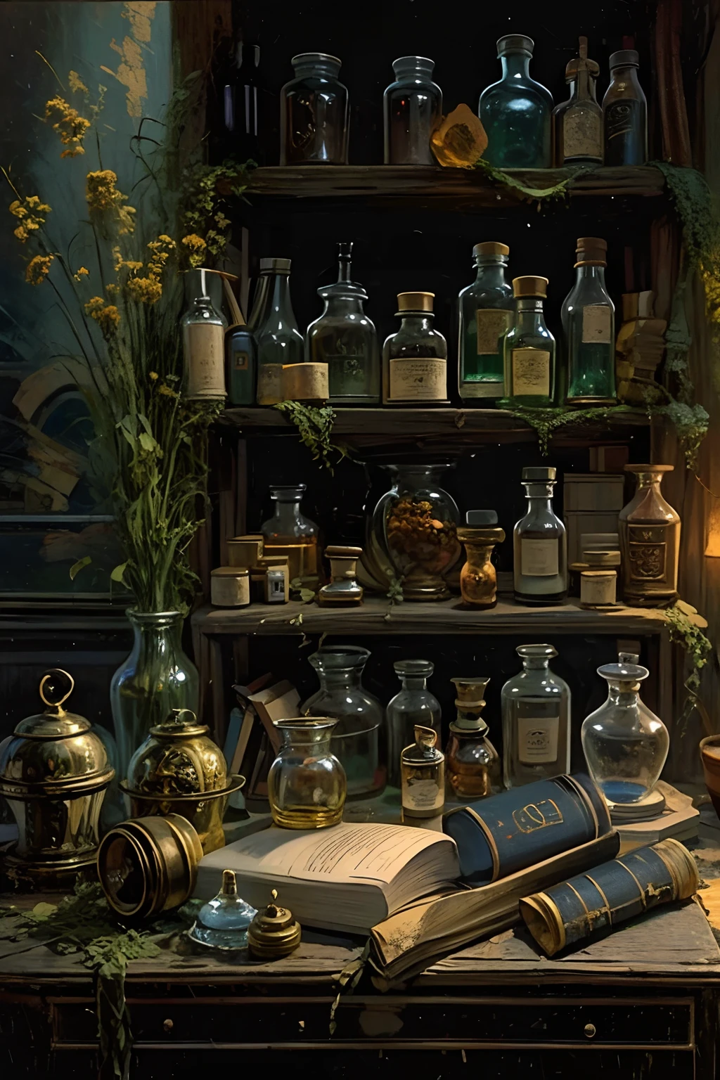 oil painting still life, in the historical interior environment, darkened room, cinematic lighting, contrast lighting, apothecary cabinet, alchemy bottles, scrolls, books, papers, dry herbs, crystals