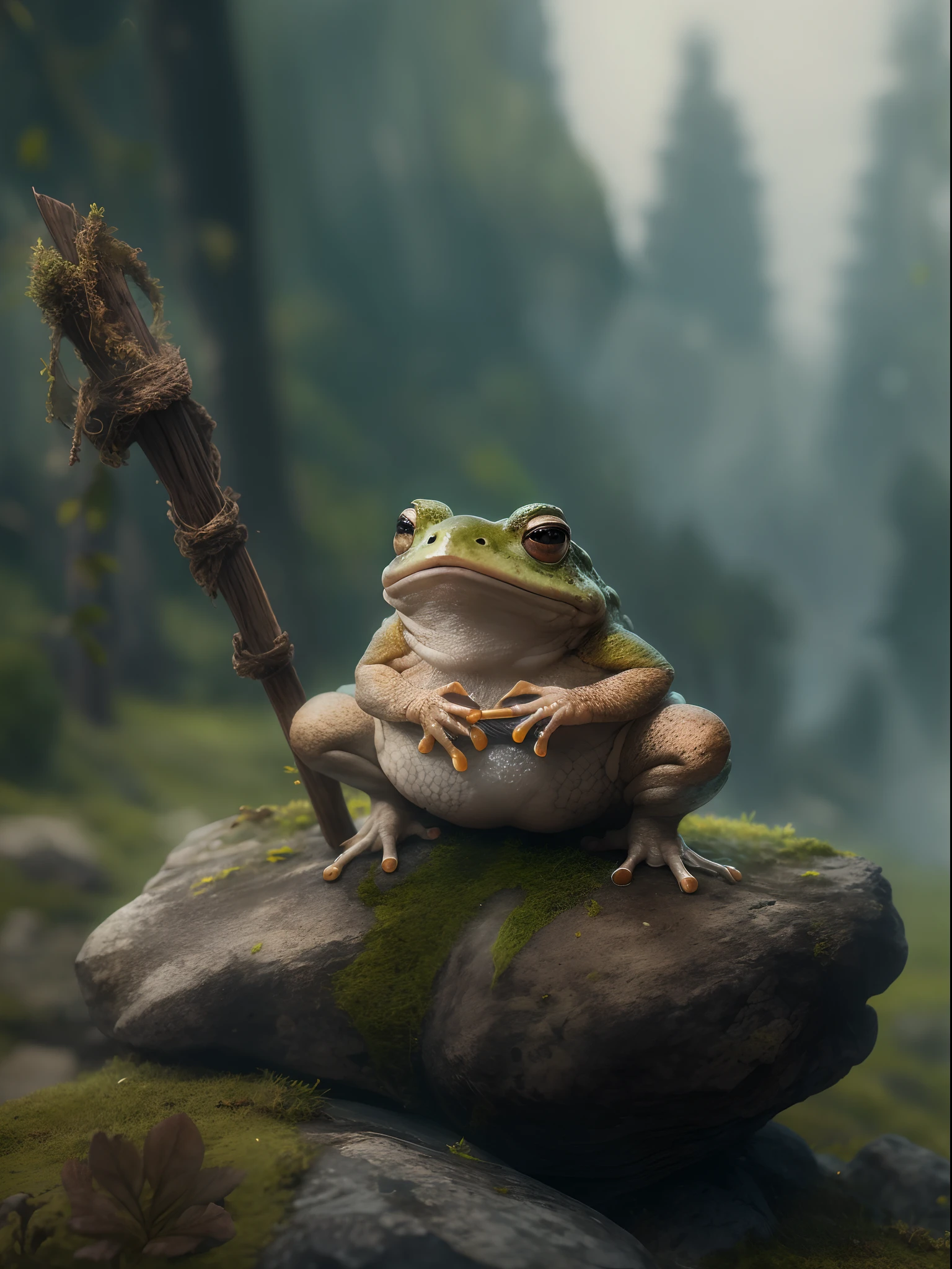 best quality,4k,highres,masterpiece:1.2,ultra-detailed,realistic:1.37,portrait,landscape,Toad Sage,wise and noble appearance,toad sitting on a rock,holding a wooden staff,old and wrinkled skin,detailed toad eyes,revealing a sense of wisdom and power,lush green forest in the background,misty atmosphere,vivid colors,natural lighting,bokeh
