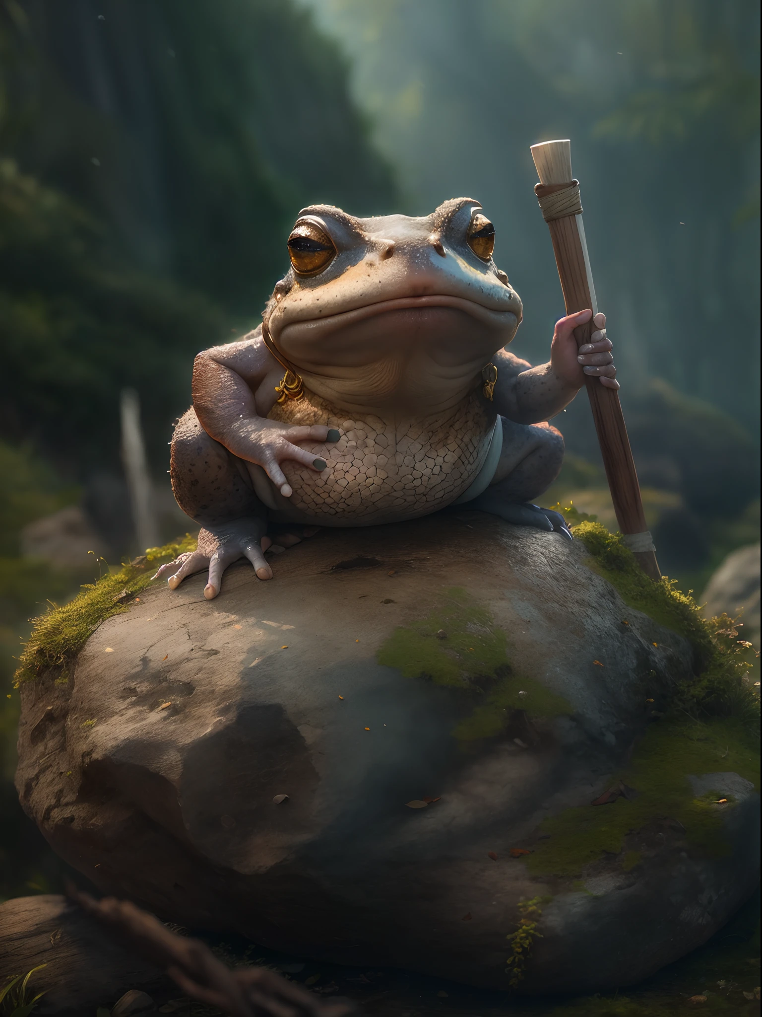 best quality,4k,highres,masterpiece:1.2,ultra-detailed,realistic:1.37,portrait,landscape,Toad Sage,wise and noble appearance,toad sitting on a rock,holding a wooden staff,old and wrinkled skin,detailed toad eyes,revealing a sense of wisdom and power,lush green forest in the background,misty atmosphere,vivid colors,natural lighting,bokeh