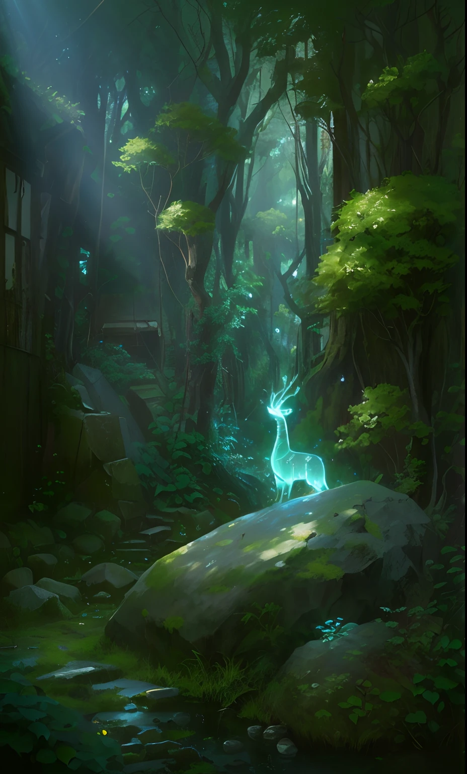 Estilo Miyazaki Hayao,Film style,cheio de detalhes,pixelarte,luz suave,luz natural bonita,Backlighting,Luz superior,ambient lighting,luz de cima para baixo,ultra-detalhado,A Floresta,distopic,Overgrown,ruins,Tons de alta pureza,Escuro,profundidade de campo(DOF)