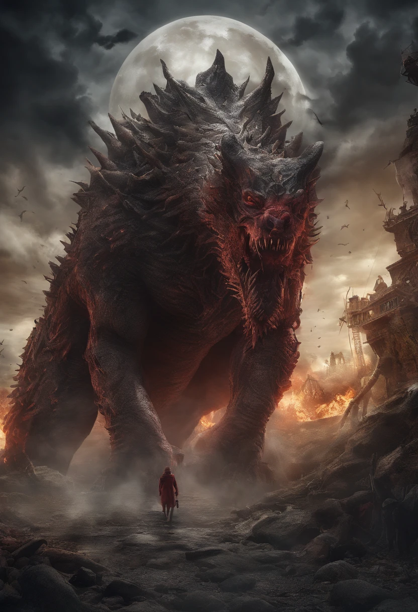 Strange beasts in a fantasy world,Blood,A giant hellwolf covered in flames,Stout limbs,Strong muscles,full moon,broken castles,Burning flame,Blood,Moon Night,中景 the scene is,Full body like, highly detailed surreal vfx,oc rendered,Shot with 70 mm - AR 16:9 --q 2 --s 1000