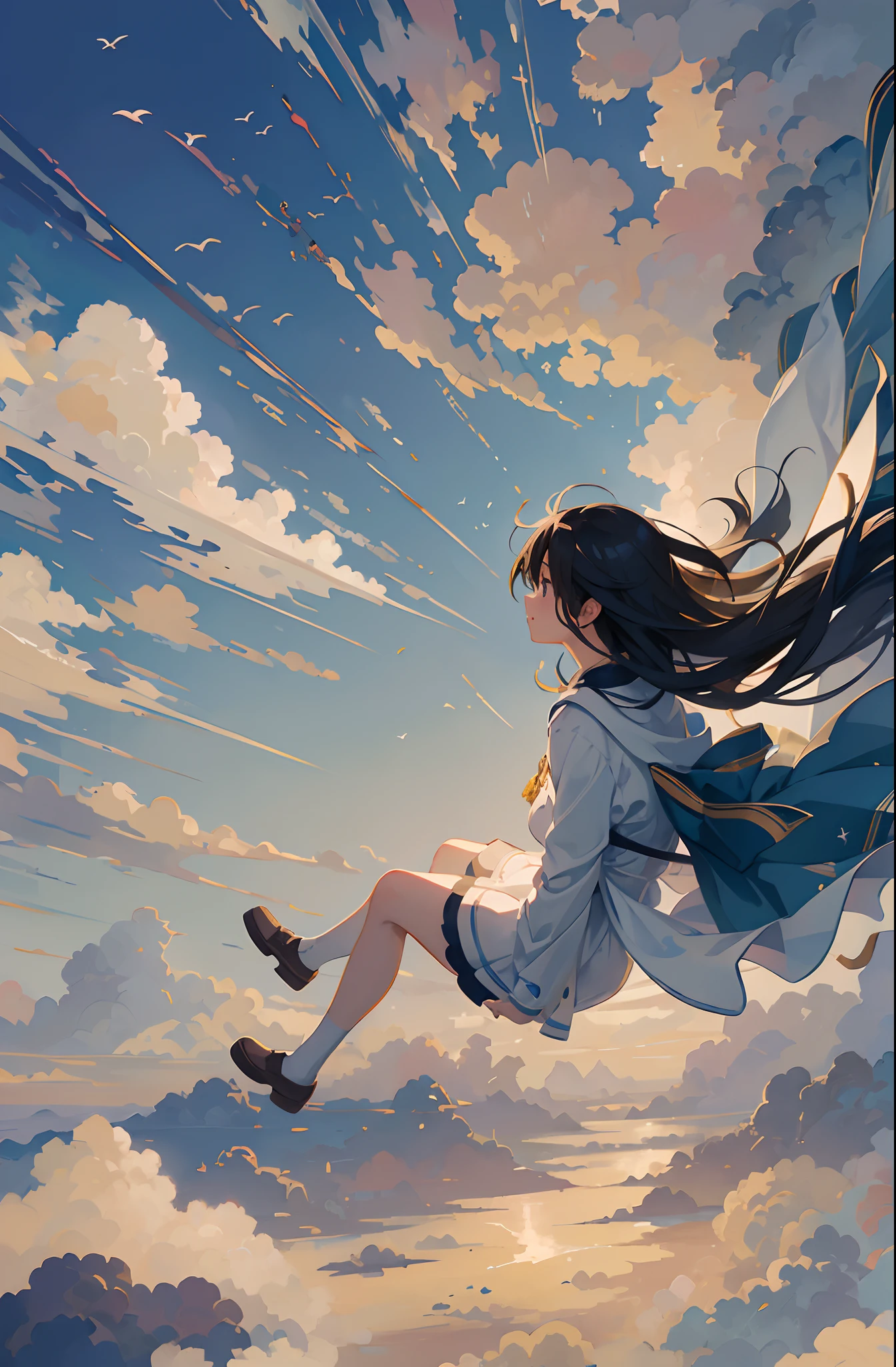Create exquisite illustrations reminiscent of Makoto Shinkai's style, It has ultra-fine details and top-notch quality, Create illustrations featuring children frolicking freely in a calm sky of enchanting whims and nostalgic. The sky itself exudes an aura of enchantment and nostalgia, Dreamy casting, hazy atmospheres. It serves as their endless playground, Full of surprises and possibilities. When they soar through the air, Their laughter and joy are carried by the breeze, Creating an image of carefree exploration. The clouds above form a picturesque background, Add a dreamy nostalgic quality to your scenes. This moment is、zora々Capture the essence of vibrancy, The magic of flying, Eta、The timeless charm of the sky
