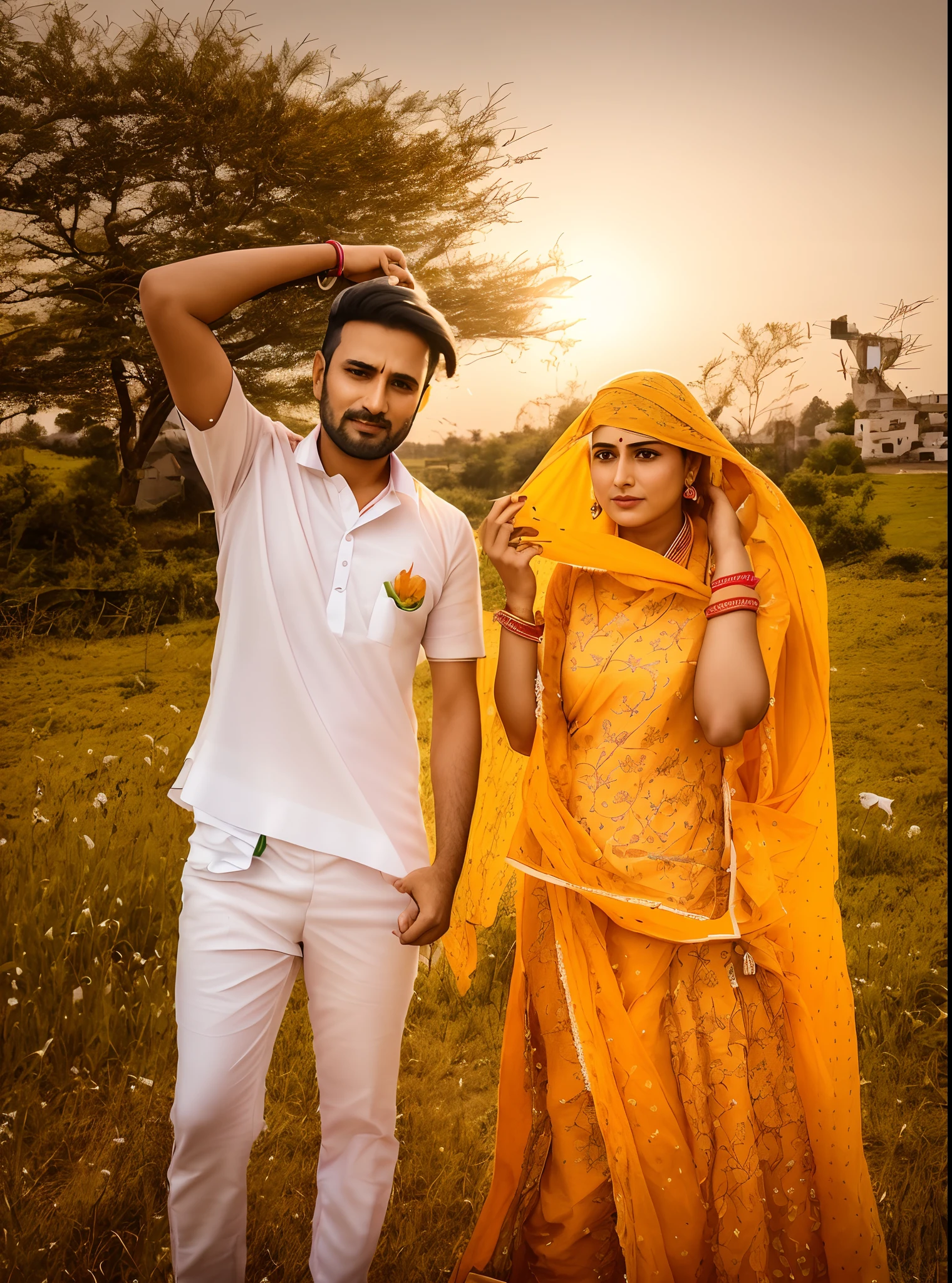 there is a man and woman standing in a field with a kite, wearing traditional garb, with village, in a village, photo taken with nikon d 7 5 0, photo taken with nikon d750, wearing a kurta, by Manjit Bawa, dressed in a jodhpuri suit, couple pose, marketing photo, wearing a sari