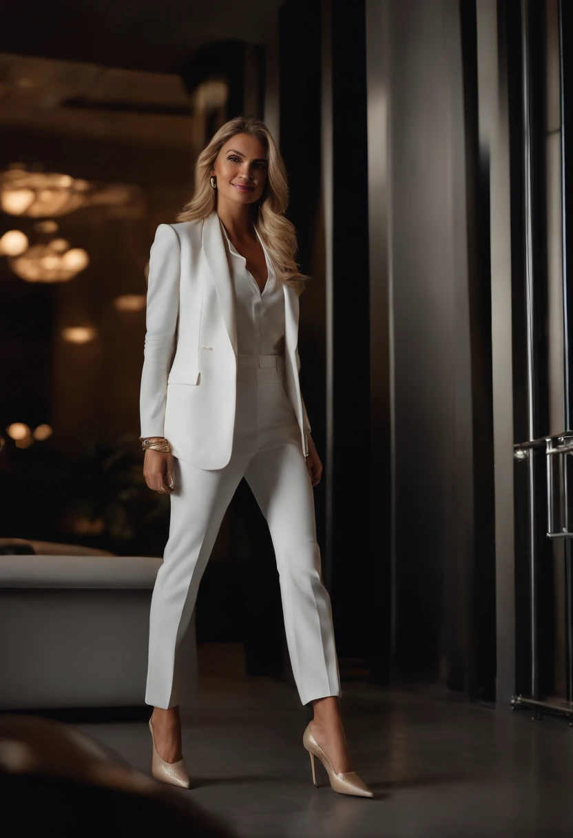 extreme closeup of A stunning beautiful classy arrogant confident blond elegant top executive woman with beautiful legs standing on feet high heels named Sharonah Volmariota, smiling, wearing dark blue business suit and white shirt, location of a the movie John Wick, inspired by young Sharon Stone in basic instinct, blond hair, high resolution, low angle, light coming from sunset, 8K, ultra realisticintricate details, extremely detailed, incredible details, A Cinematic scene from 2023, captured by Canon EF 50mm f/1.2L USM lens on a Canon EOS 5D Mark IV camera, film directed by Derek Kolstad, Rim lighting --style raw