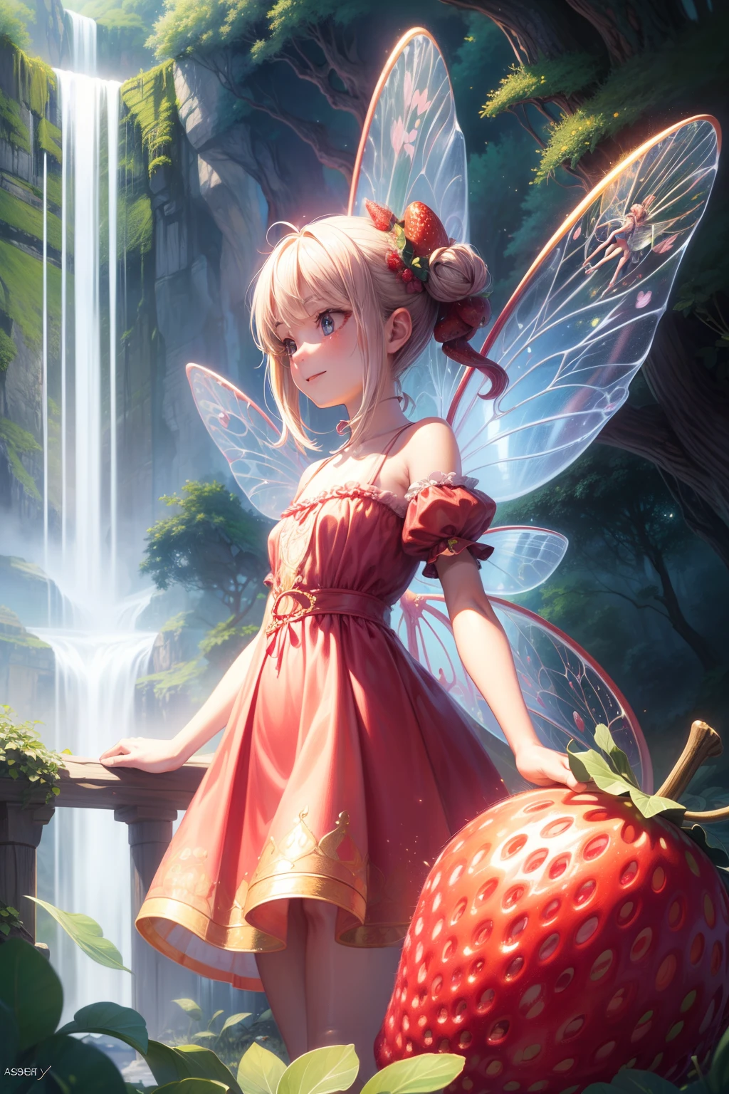 ( Absurd, High quality, Ultra-detailed, masutepiece, Concept art, Smooth, Highly detailed artwork, Hyper-Realistic Painting ) , girl, strawberry girl, Strawberries, Transparent fairy wings, Cute, fairytale, romantic, Vivid, Whole body, Waterfall, cheerfulness smiley, Ghibli-like colours