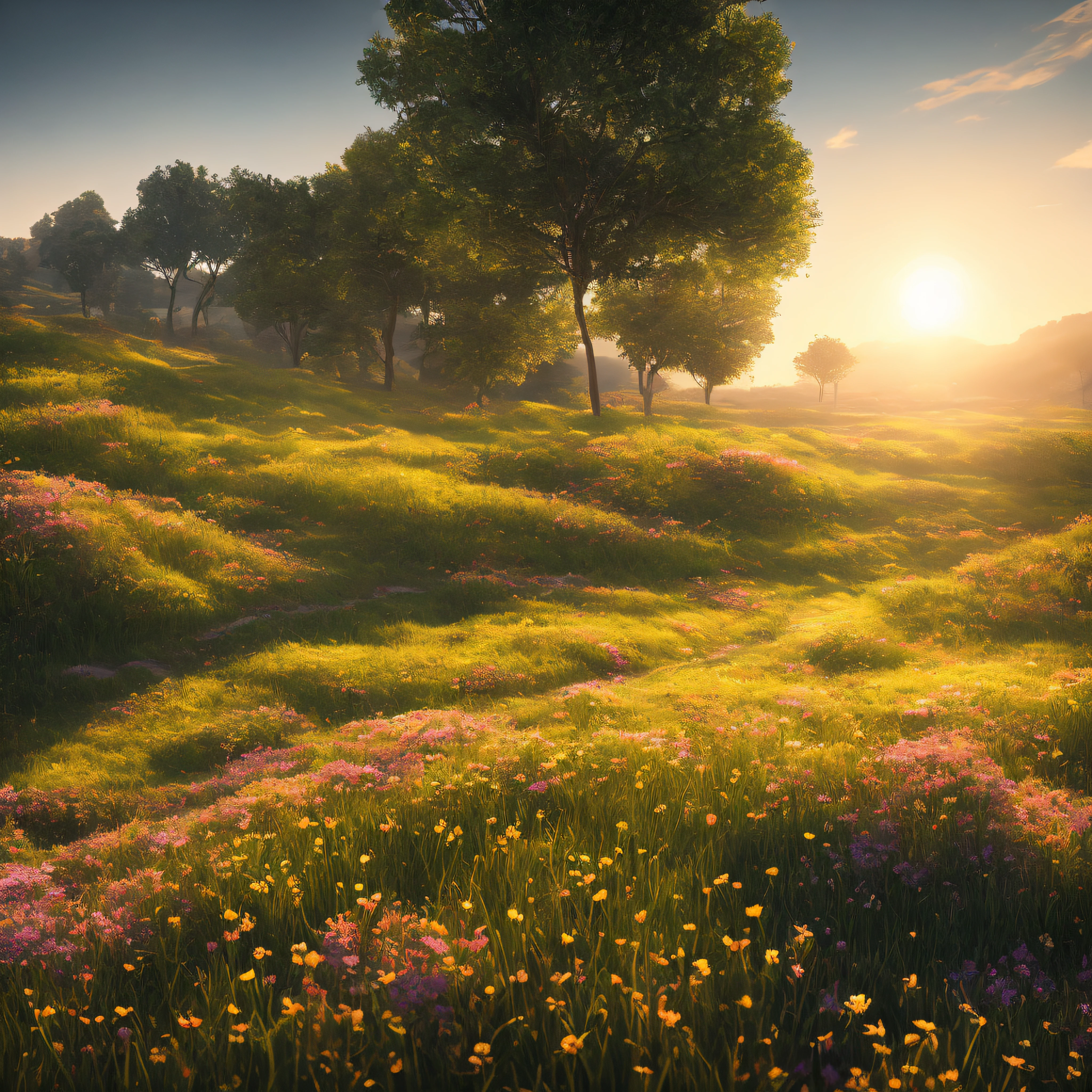 sunset, the winding stone paths stretching into the distance, meadow, the curved moon, the colorful flowers, the soft afterglow, the stars, the colorful sky, beautiful, warm and peaceful, award winning photography, Bokeh, Depth of Field, HDR, 8K, bloom, Chromatic Aberration ,Photorealistic, extremely detailed, trending on artstation, trending on CGsociety, Intricate, High Detail, dramatic, art by midjourney, masterpiece, best quality, high quality, extremely detailed CG unity 8k wallpaper, unreal engine 5 render, realistic, Aesthetic