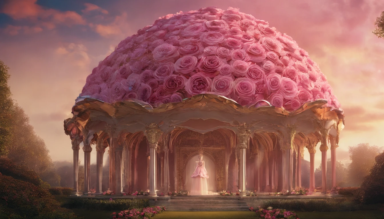 Rendering of a building in the shape of a large rose，Concept art of space design in the shape of roses，Renderings of the exhibition hall，conceptual drawing, 3D modeling，C4D style，wide wide shot，8K，