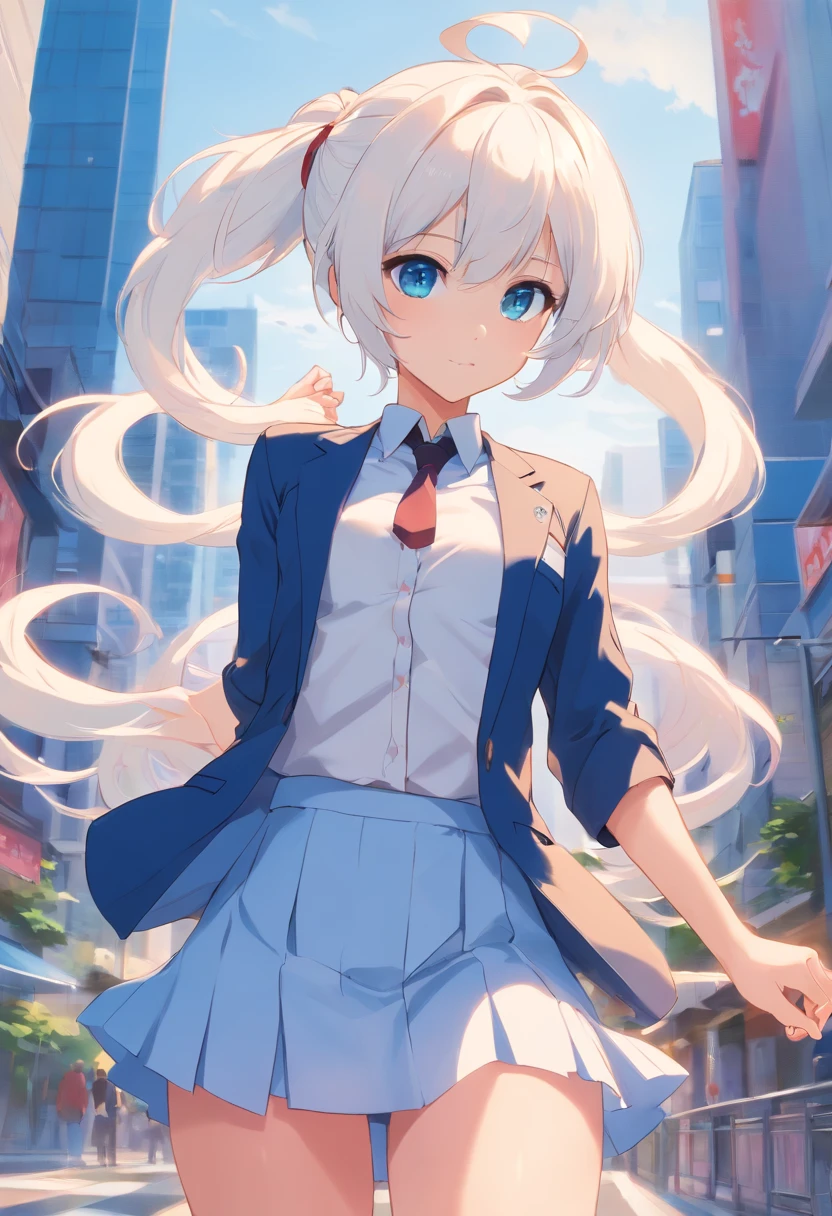 White color hair，Double ponytail curls，blue color eyes，White JK，Uniform skirts，Full limbs，Slender legs