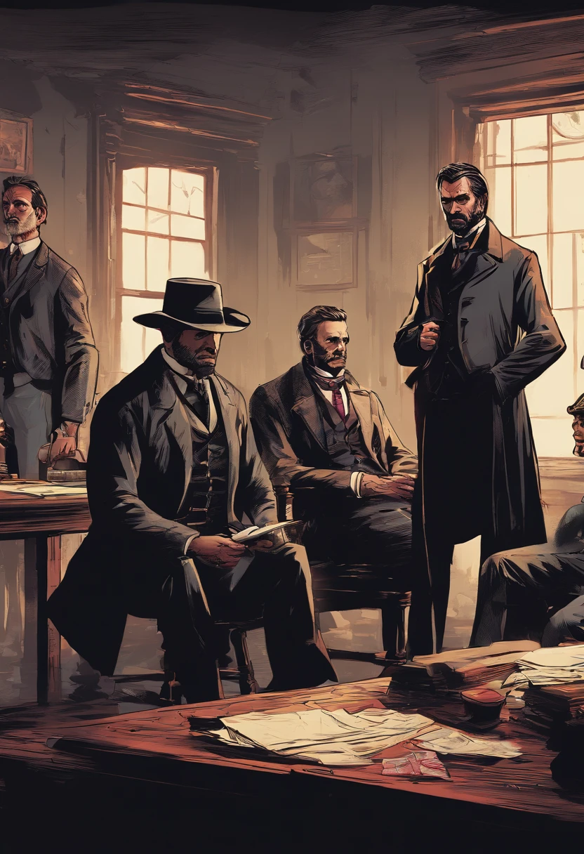 (best quality, 4k, highres, masterpiece:1.2), (realistic:1.37), ultra-detailed, Red Dead Redemption 2 art style, Pinkerton detective, Pinkerton detective in a suit, western town of Saint Denis in 1907, dimly lit room, six Pinkerton agents standing around a table, Pinkerton detective's office, black suits.six pinkerton detectives, 6men,interior scene