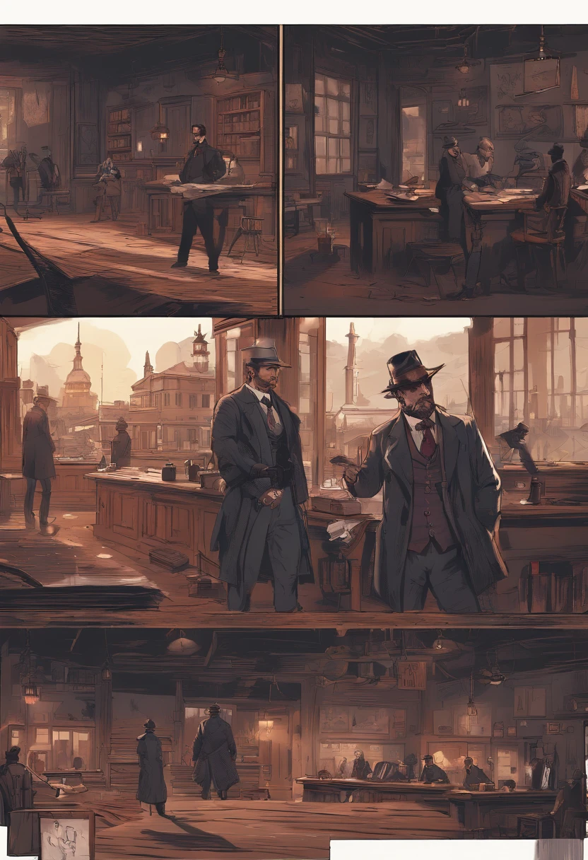 (best quality, 4k, highres, masterpiece:1.2), (realistic:1.37), ultra-detailed, Red Dead Redemption 2 art style, Pinkerton detective, Pinkerton detective in a suit, western town of Saint Denis in 1907, dimly lit room, six Pinkerton agents standing around a table, Pinkerton detective's office, black suits.six pinkerton detectives, 6men,interior scene