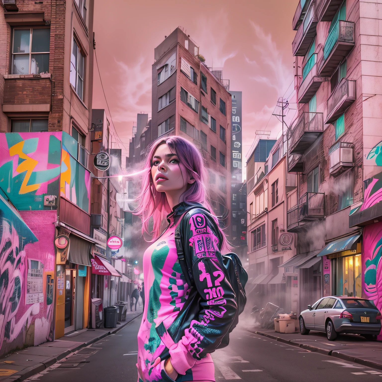 A contemporary photograph merging Pink Floyd and urban aesthetics: "A cityscape with a Pink Floyd-inspired graffiti mural, diamond-encrusted woman, street art fusion, rebellious energy, psychedelic street vibes."