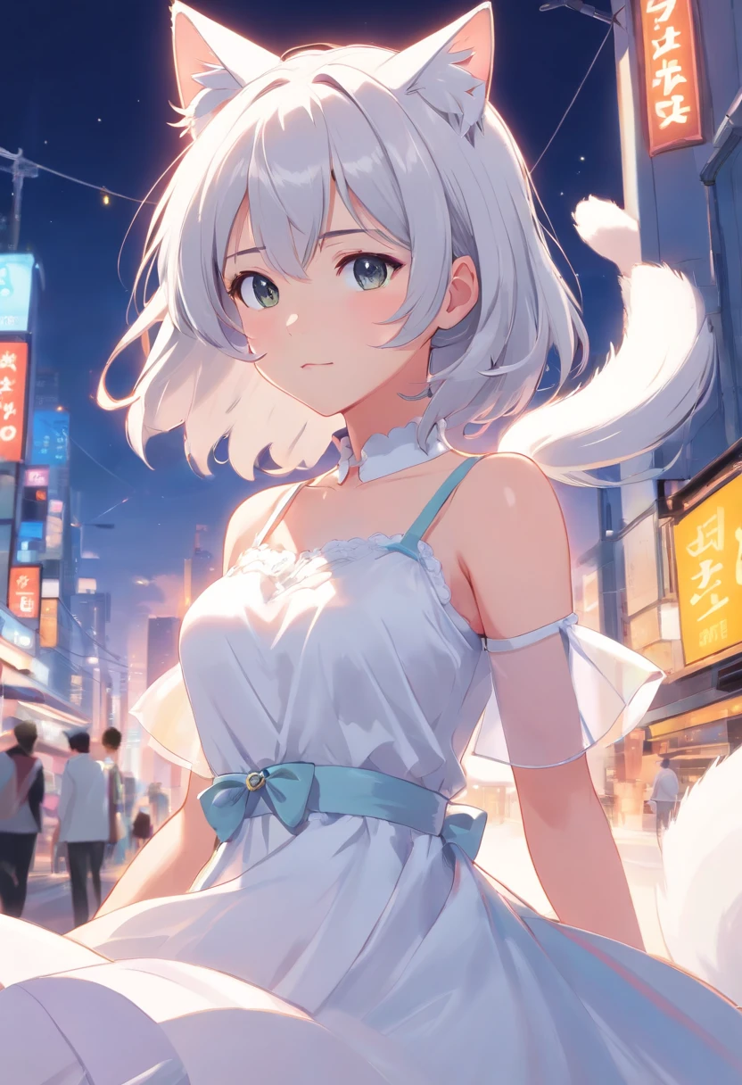 There are cat ears on the head, white dresses!! silber hair, cute anime waifu in a nice dress,, White-haired god, gray-haired girl, Perfect girl with white hair, Güvez on Pisif Art Station, whaite hair, Flowing white hair