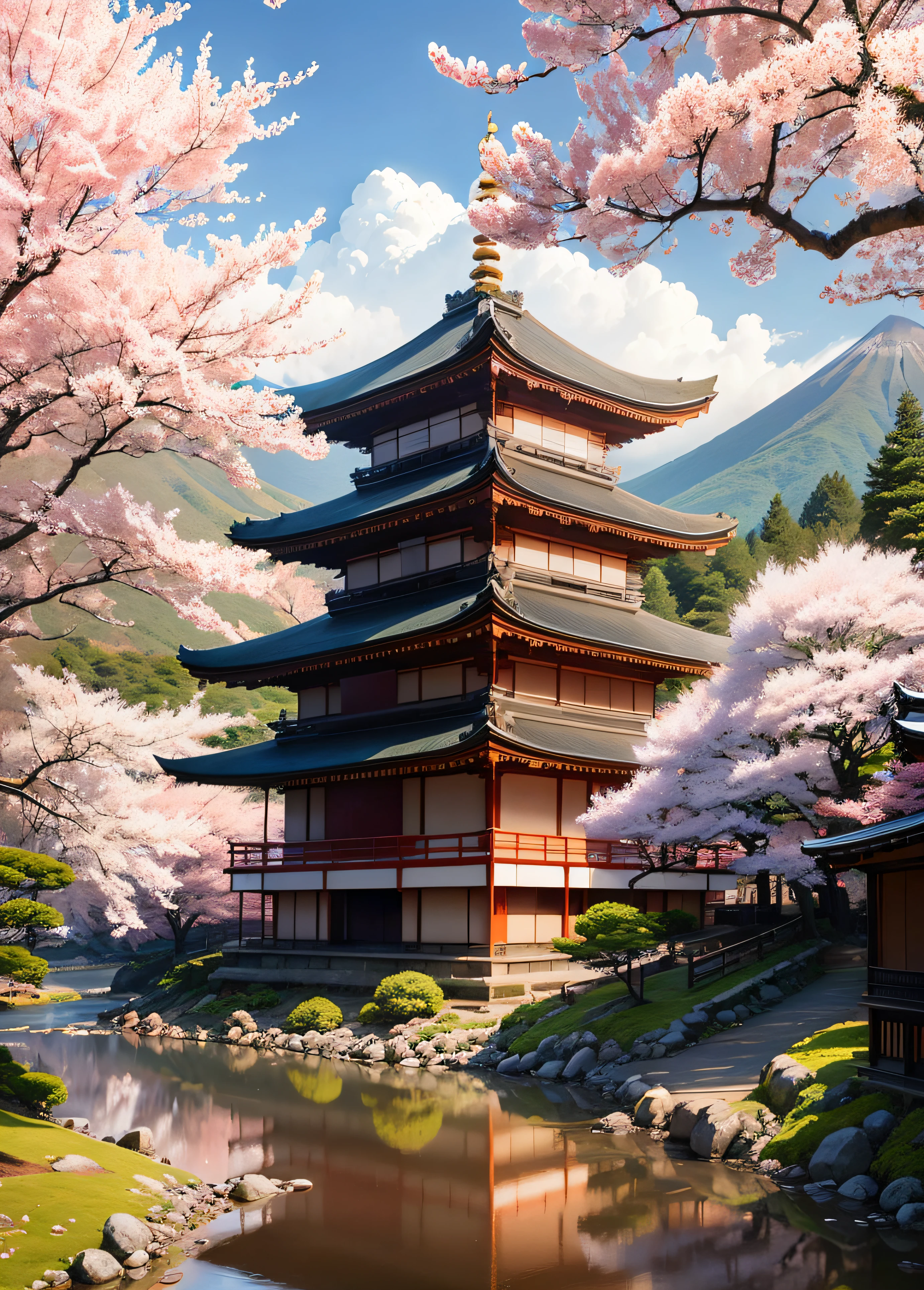 japan fuji mountain, sakura season, temple, river flow