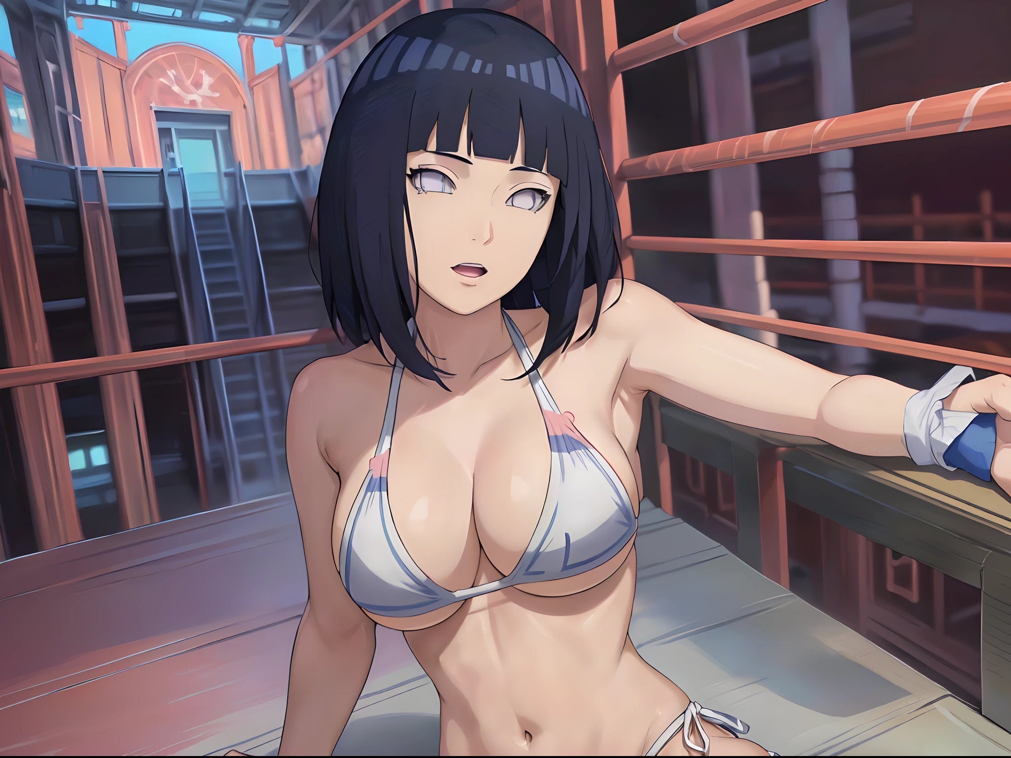 (WALLPAPER, (hinata\(boruto\), (((1 girl, white string bikini))), masterpiece, 4k, vector coloring, fully body view, (scene: sexy girl leaning against arena, location: pro wrestling arena), (high color saturation), contrast lighting, mature female, (curvy:0.8), solo, anime style, sharp focus, professional artwork, intricate details, colorful, vibrant colors, vivid colors, digital blending, ultra detailed body, ultra detail hair, ultra detail face, trending on pixiv, very hot colors, ((())), detailed bold arm lines, high color saturation, bold lines, bold drawing lines), (head tilt), open mouth),
((dark blue hair color:1.1), wavy hair, ((short hair, hime cut)),
(white skin, (fair skin), slender body, milf, perfect face),
(legs, big breasts, off-shoulders, (detailed shoulders, detailed arm lines)),
(bare shoulders, bare legs),
