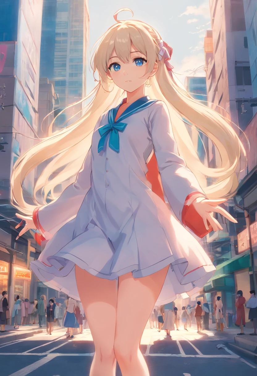 Masterpiece,long whitr hair,extremely hyper,A giantess,In the city,Full limbs,Huge maiden,The face is delicate,White color hair,Double ponytail curls,blue color eyes,White ta