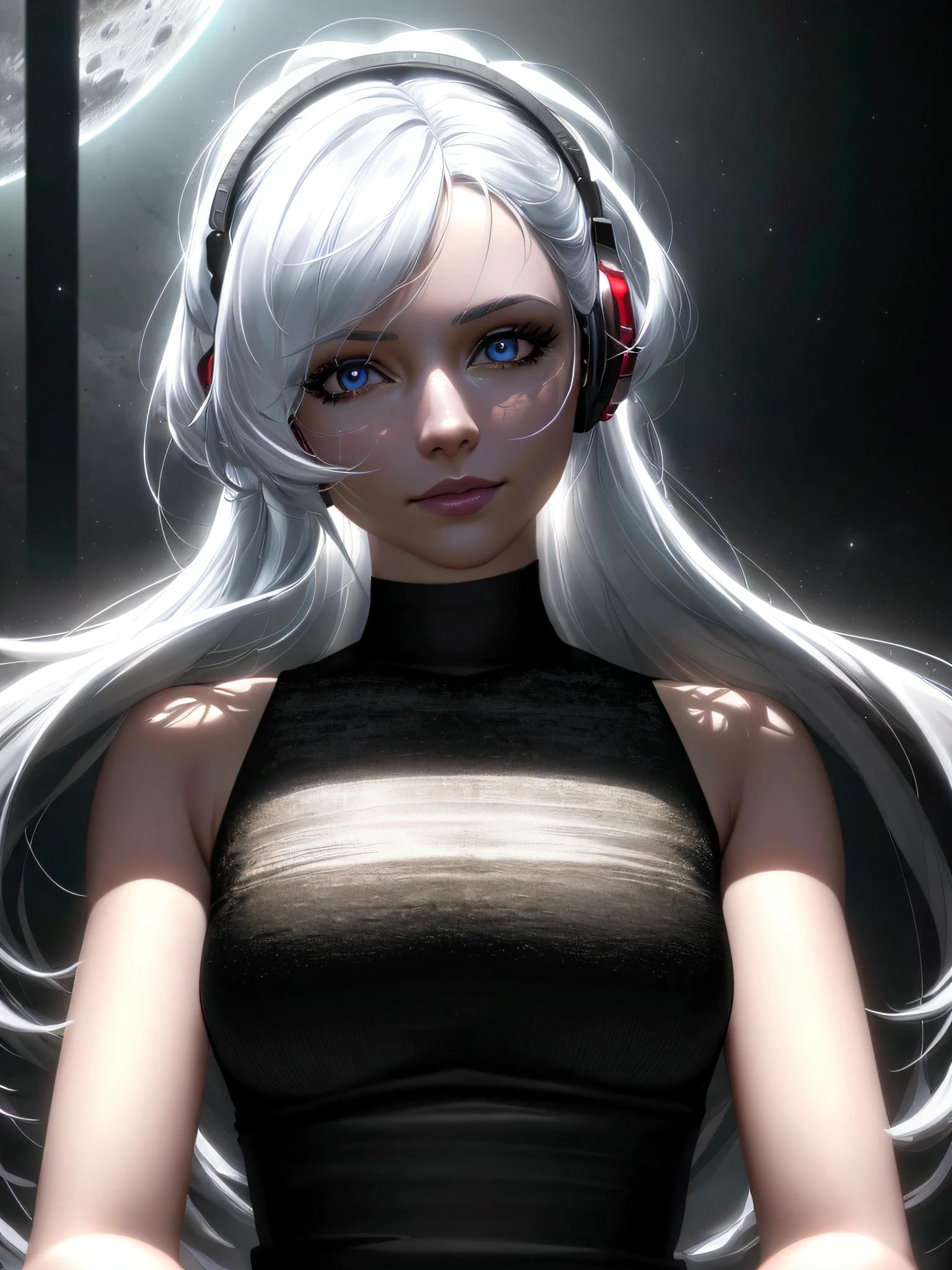 (on the moon, space, looking back into earth), white hair, black tank top, volumetric lighting, white jacket, glowing headphone, cyberpunk, futuristic, multi-color eyes, detailed eyes, hyper detailed,light smile,
highly detailed, beautiful, small details, ultra detailed, best quality, intricate, hyperrealism, sharp, digital illustration, detailed, realism, intricate, 4k, 8k, trending on artstation, good anatomy, beautiful lighting, award-winning, photorealistic, realistic shadows, realistic lighting, beautiful lighting, raytracing, intricate details, moody, rule of thirds, masterpiece, (illustration:1.1), highres, (extremely detailed CG, unity, 8k wallpaper:1.1), beautiful face, highly detailed face, ultra realistic, masterpiece, bokeh, extremely detailed, intricate, zoomout,
colorful, vibrant colors, red nail polish, side view,