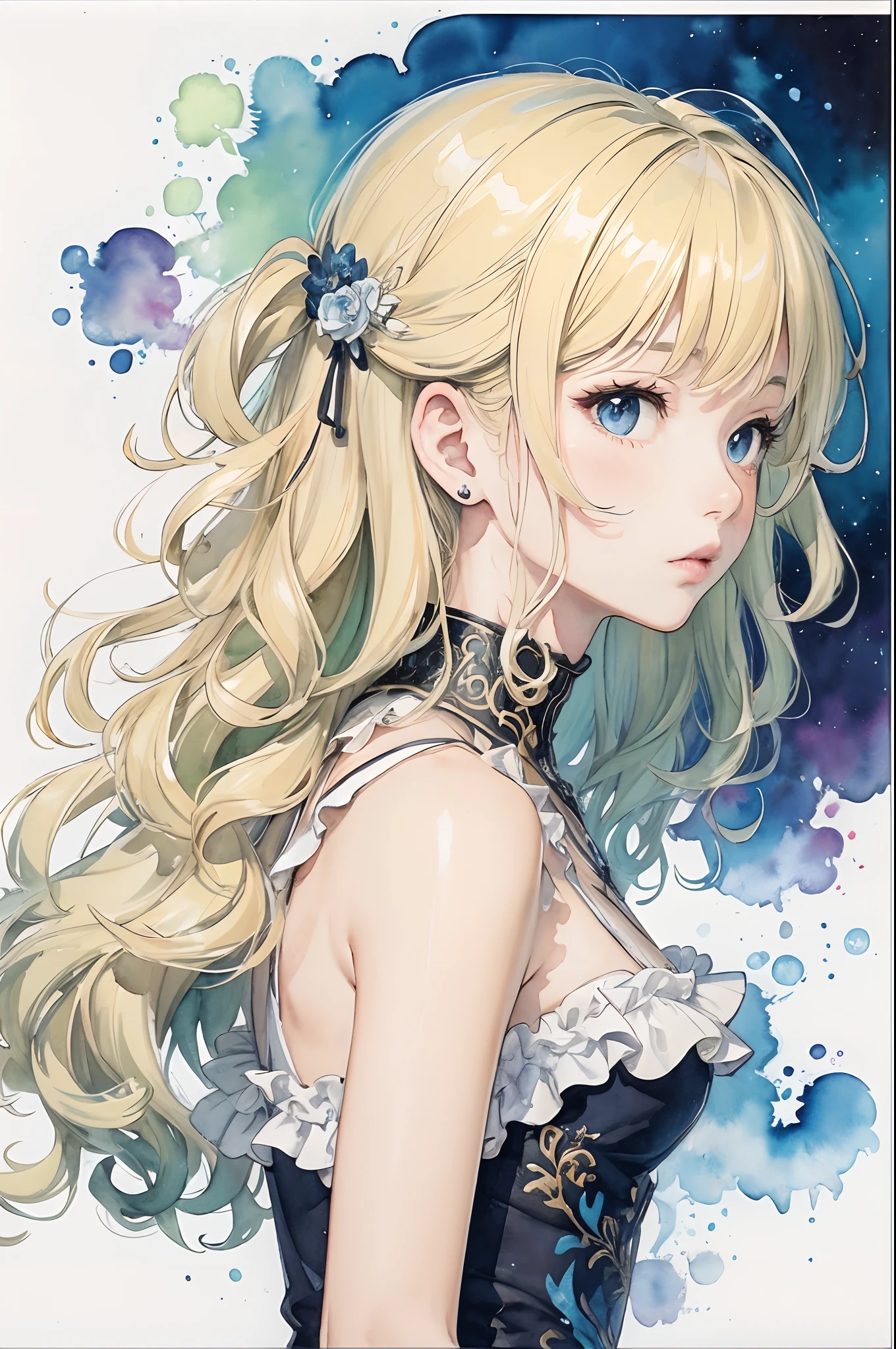 (tmasterpiece、top-quality、top-quality、watercolor paiting(Curly)、offcial art、aesthetically pleasing:1.2)、(1girl in:1.3)、(Fractal Art:1.3)、The upper part of the body、From the side Side、looking at viewert、patterns、(Colorful hair、Half Blonde,Half of the hair is green:1.2)、Eau、liquids、clouds、highly colorful、Messenger of the Dragon God