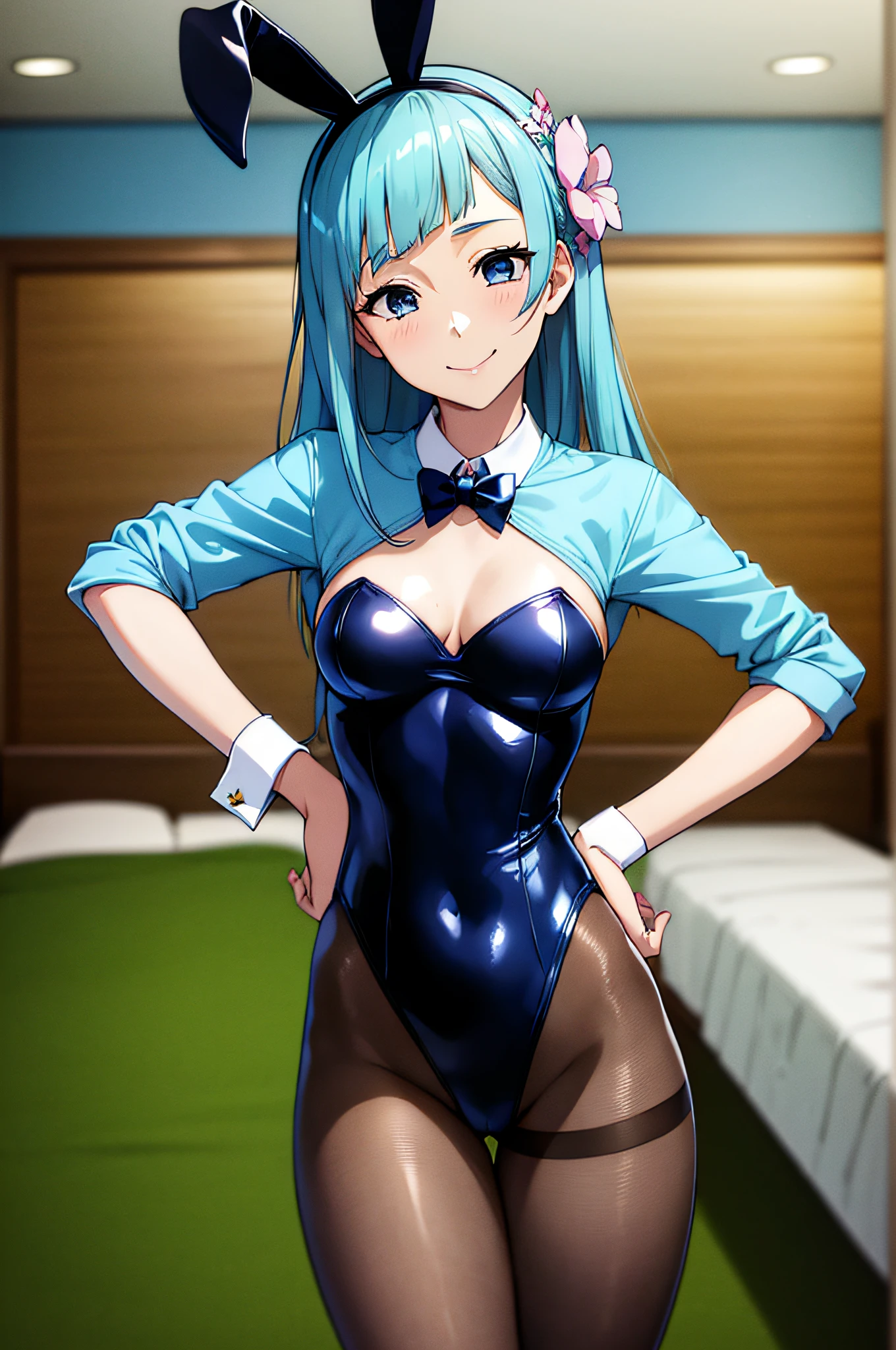 miwakasumi,masterpiece, best quality, absurdres, perfect anatomy, 1girl, solo, Shura, hair ornament, hair flower, wrist cuffs, playboy bunny, leotard, pantyhose, fake bunny ears, contrapposto, smile, hands on hips, cowboy shot, indoors, bedroom,