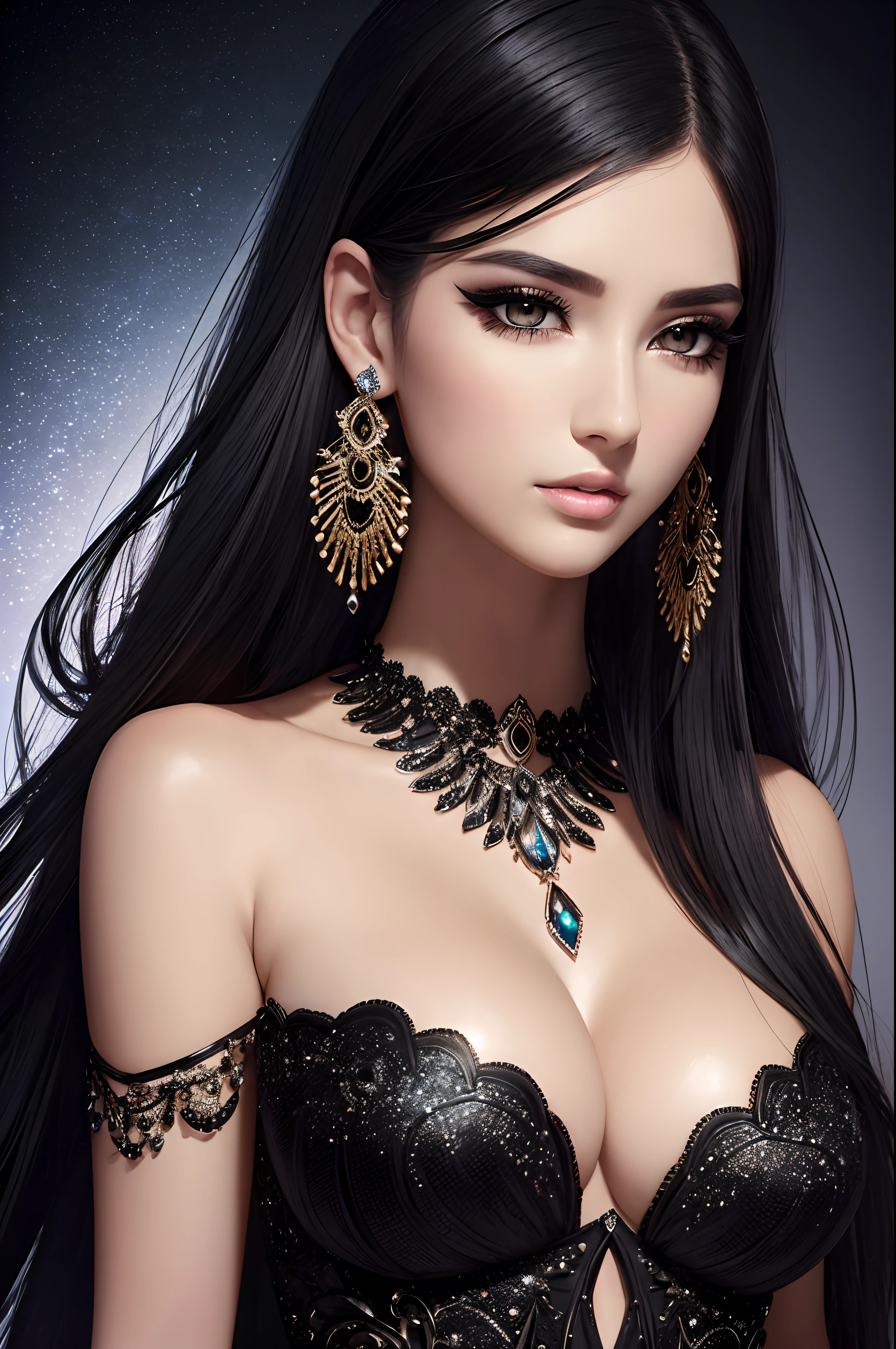 ultra detailed beautiful woman, 25 years-old woman, stunningly beautiful, black hair, black dress, black eyes, her whole head is visible with hair, black jewel necklace, earrings, black eyeshadow visible on her eyelids and eyeliner on her eyes, very long eyelashes, stuningly beautiful face, focus on face, holographic, light particles, ultra detailed illustration, hit definition, very bold and vivid colors, 32k resolution, best quality, volumetric lighting, “best quality”, “masterpiece", half of her body is visible, top of her dress is visible, ultra realistic, high-quality detail