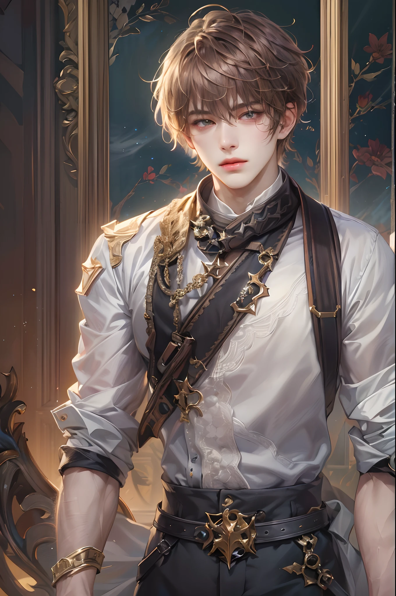 (absurdres, highres, ultra detailed, HDR), masterpiece, best quality, Android Game Character , short hair, handsome boy, anime eyes, Mobile Legends Hero, detailed scebe, detailed character