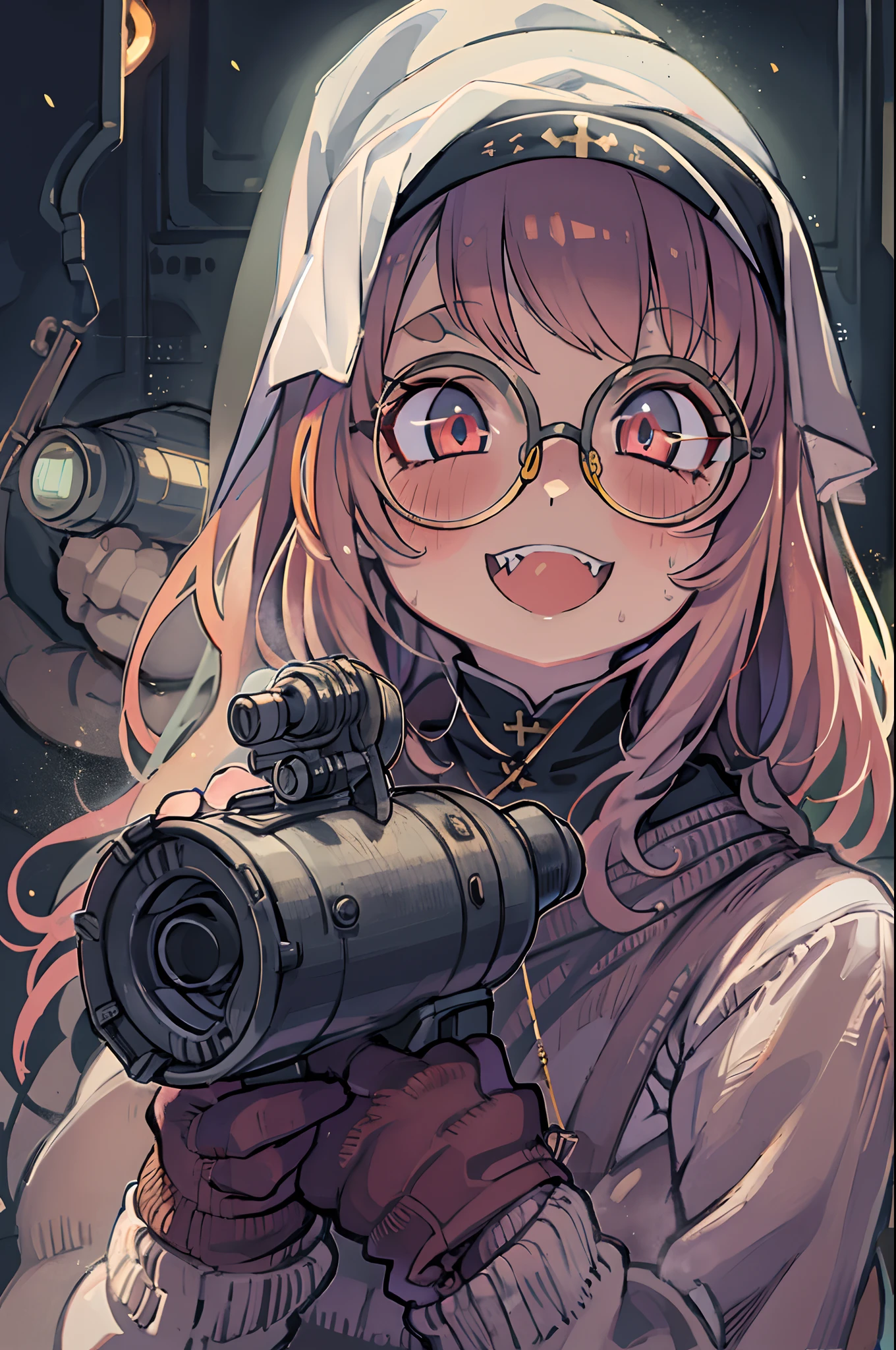Nun Mastepiece, Best Quality, 1girl in, Sharp eyes, Cultivated woman, Smile,rocket launcher、big round glasses,