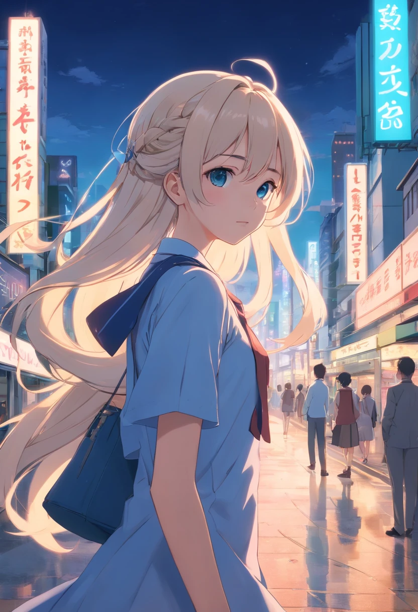 (((masterpiece: 1.5, best quality, high resolution: 1.3, super resolution, super detailed, ultra detailed:1.3, rich background:1.2))), ((face close up)), 1girl, solo, green eyes, blonde long hair tied with blue ribbon, blunt bangs, cute hairpin, school uniform, white serafuku, red sailor collar, short sleeves, blue pleated skirt, (outdoor), ((downtown)), (crowd), ((japan vibes: 1.3)), scenery, ((nighttime)), dark, (lowlight: 1.1), moon, (moonlight: 1.2), ((dynamic light: 1.4))