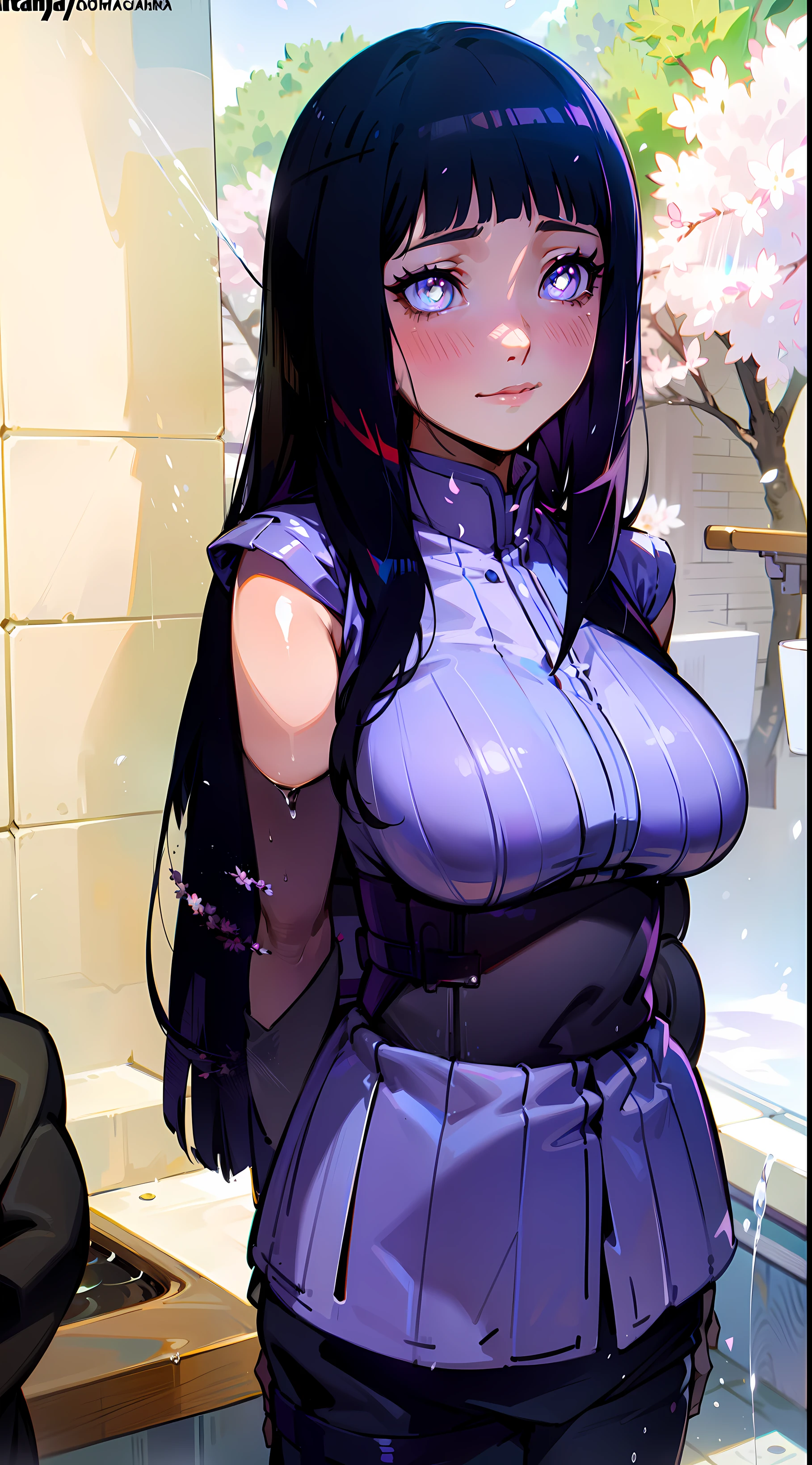 (Best quality)(masterpiece) character from anime naruto shippuden, hinata hyuga,1girl, sweet smile, black long hair, grey pupils, simetric eyes, detailed eyes, wearing light purple casual clothes, shy face, blushing, closed clothes, high detail, semi realistic, anime style, mesmerizing background, sakura flower shower, high resolution, 8k resolution, 70mm lens, calm colours, natural background, under the sakura tree, shy pose, portrait, cool shading, cool lighting