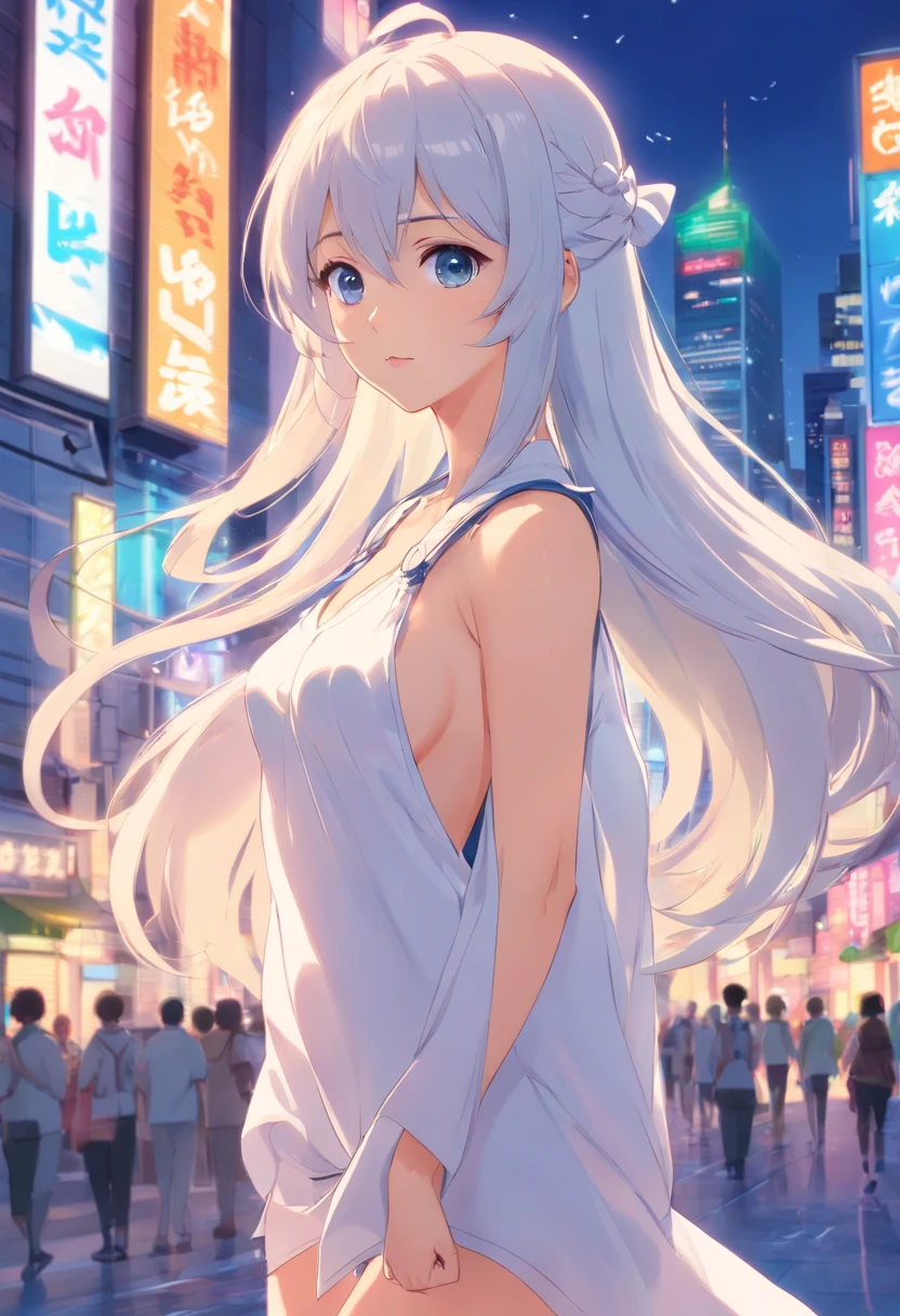 Masterpiece，long whitr hair，extremely hyper，A giantess，In the city，Full limbs，Huge maiden，The face is delicate，White color hair，Double ponytail curls，blue color eyes，White Lolita，Big breasts，sexy for