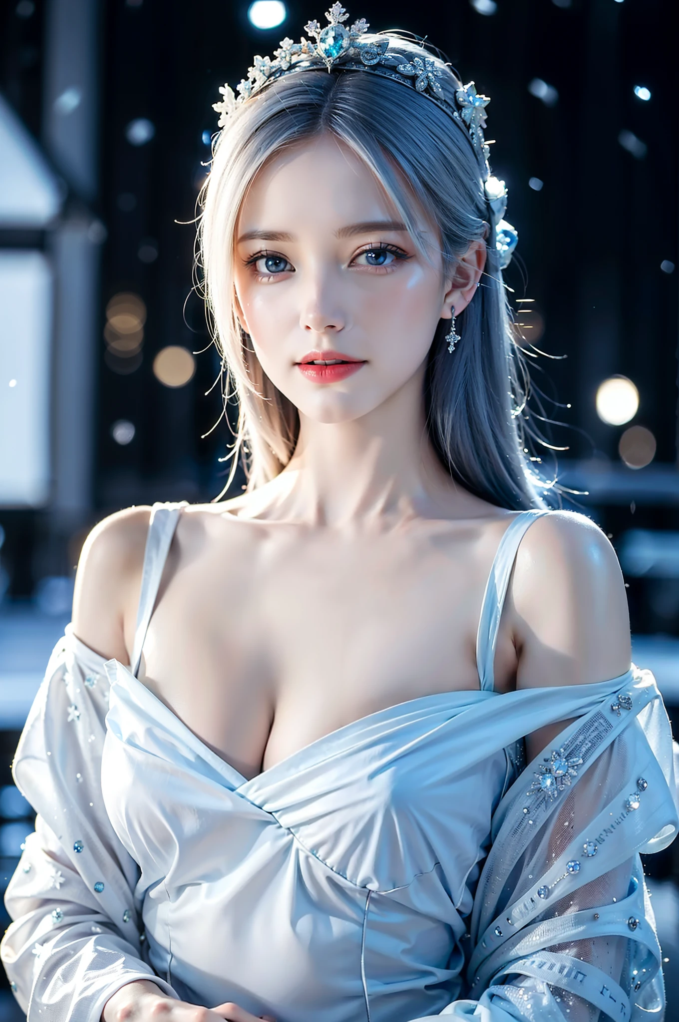 (best quality,4k,8k,highres,masterpiece:1.2),ultra-detailed,(realistic,photorealistic,photo-realistic:1.37),snow queen,beautiful detailed eyes,(blue eyes:1.3),(white hair:1.3),beautiful detailed lips,extremely detailed eyes and face,long eyelashes,snow-covered palace,winter wonderland,crown of ice,sparkling snowflakes,ethereal beauty,snowflakes swirling around,snow-covered trees,gorgeous snow queen,glowing ice shards,powdery snow,snowflakes glistening in the sunlight,majestic and graceful presence,snow-capped mountains,icy breath,hint of blue and silver in the color scheme,dramatic lighting,soft snow falling,subtle shades of white and blue,icy palace walls,crystal-like skin,icy blue eyes, ultra-realistic, photorealistic, photograph, photogenic, bokeh, cleavage, bare shoulders, concentrated expression, (full body:1.27), realistic big breasts.