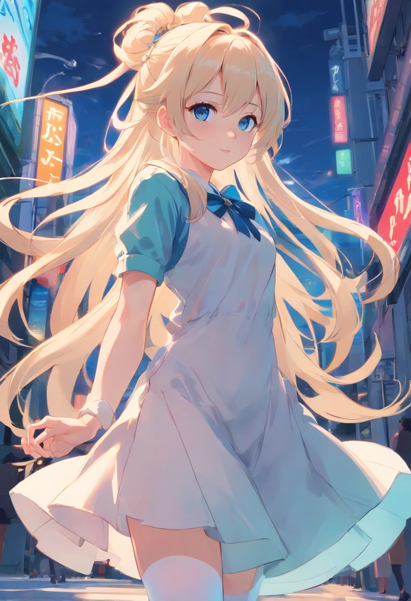 teens girl，long whitr hair，white stockings、Full limbs，slenderness，Double ponytail curls，blue color eyes，Short white dress