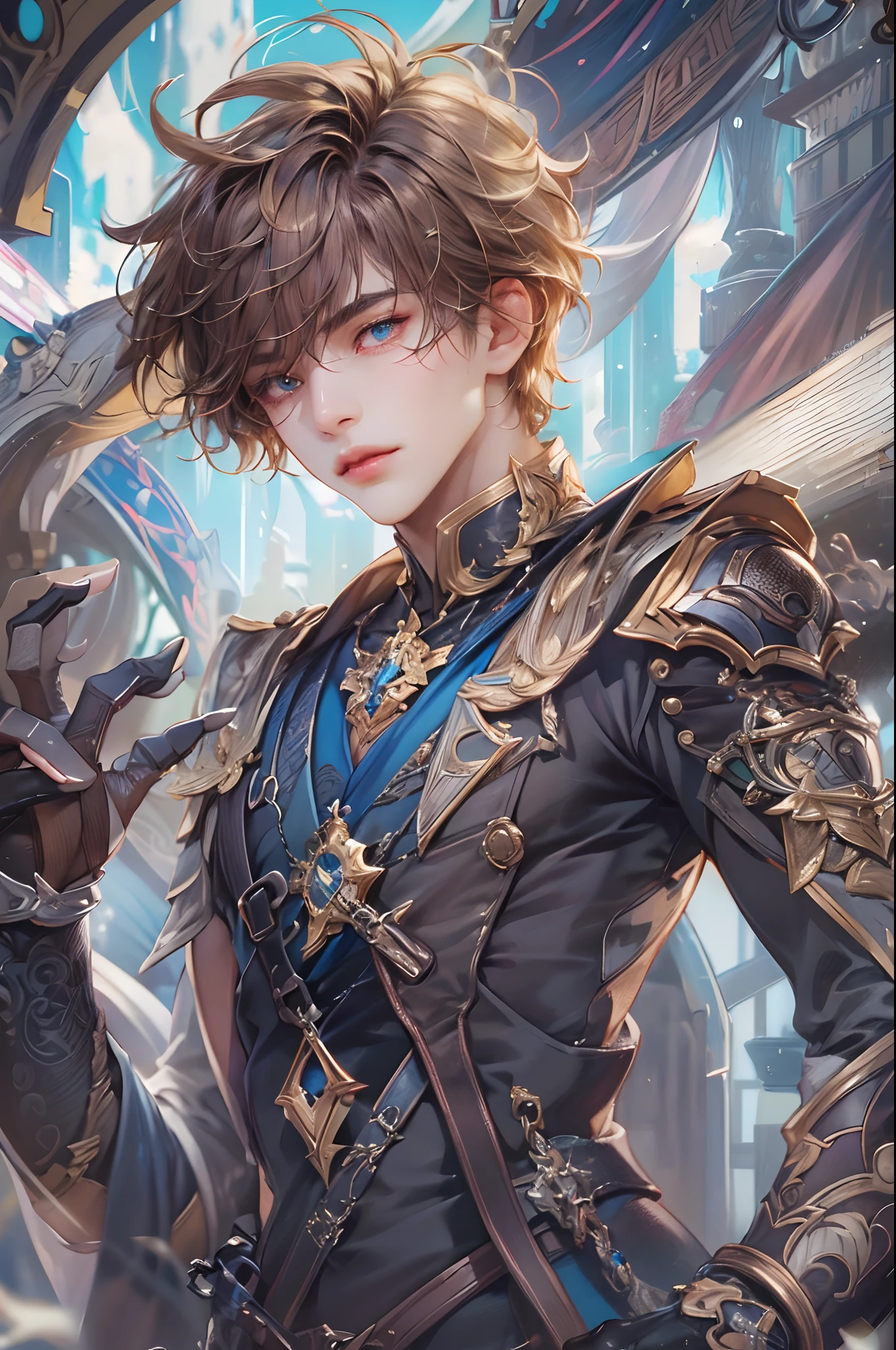 (absurdres, highres, ultra detailed, HDR), masterpiece, best quality, Android Game Character , short hair, handsome boy, anime eyes, Mobile Legends Hero, detailed scebe, detailed character