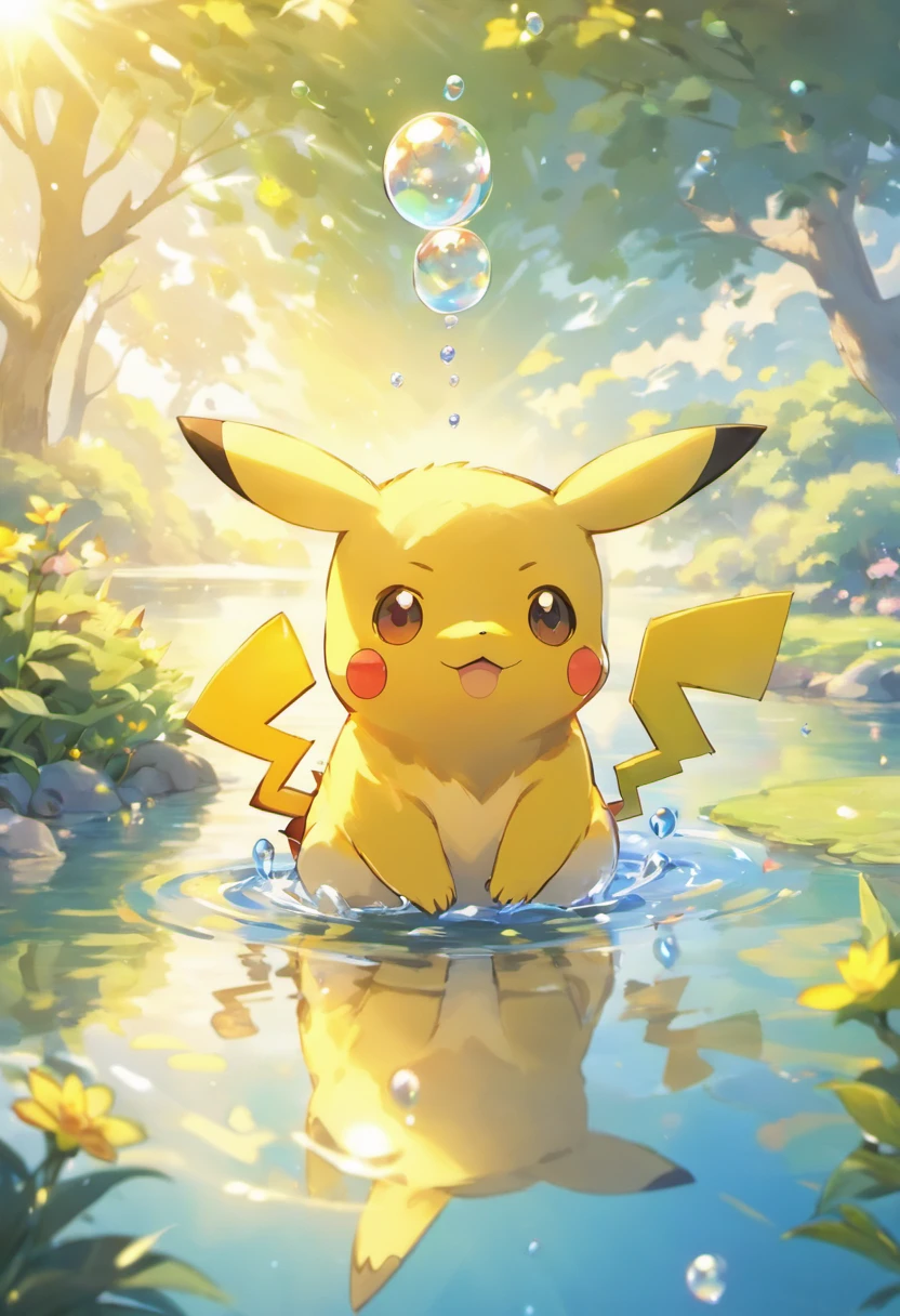 Ultra HD 3D graphics,Showcasing the touching scene of Pikachu making a wish by a tranquil lake. Pikachu, Beautiful rendering details, See gently blowing bubbles into the air, Everyone has hopeful wishes. Bubbles capture the reflection of the setting sun, Create dreams, Magical effect. The overall atmosphere is gentle, Full of hope and tranquility