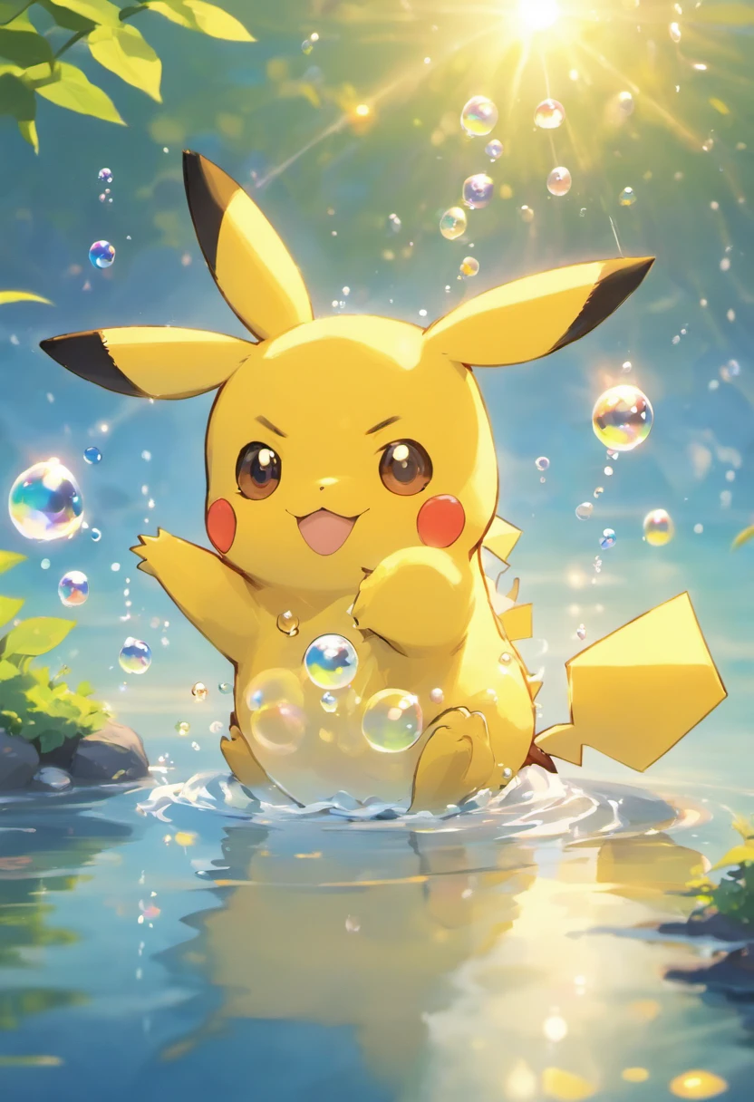 Ultra HD 3D graphics,Showcasing the touching scene of Pikachu making a wish by a tranquil lake. Pikachu, Beautiful rendering details, See gently blowing bubbles into the air, Everyone has hopeful wishes. Bubbles capture the reflection of the setting sun, Create dreams, Magical effect. The overall atmosphere is gentle, Full of hope and tranquility