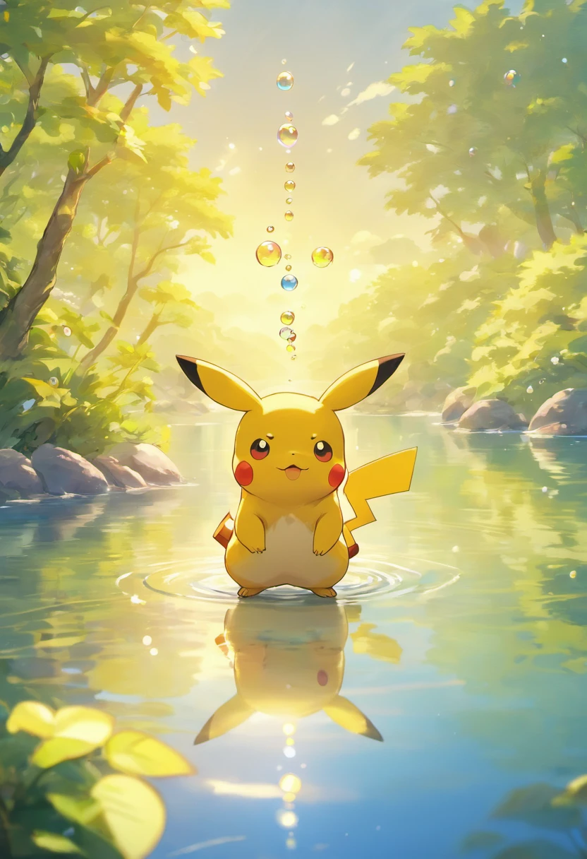 Ultra HD 3D graphics，Showcasing the touching scene of Pikachu making a wish by a tranquil lake. Pikachu, Beautiful rendering details, See gently blowing bubbles into the air, Everyone has hopeful wishes. Bubbles capture the reflection of the setting sun, Create dreams, Magical effect. The overall atmosphere is gentle, Full of hope and tranquility