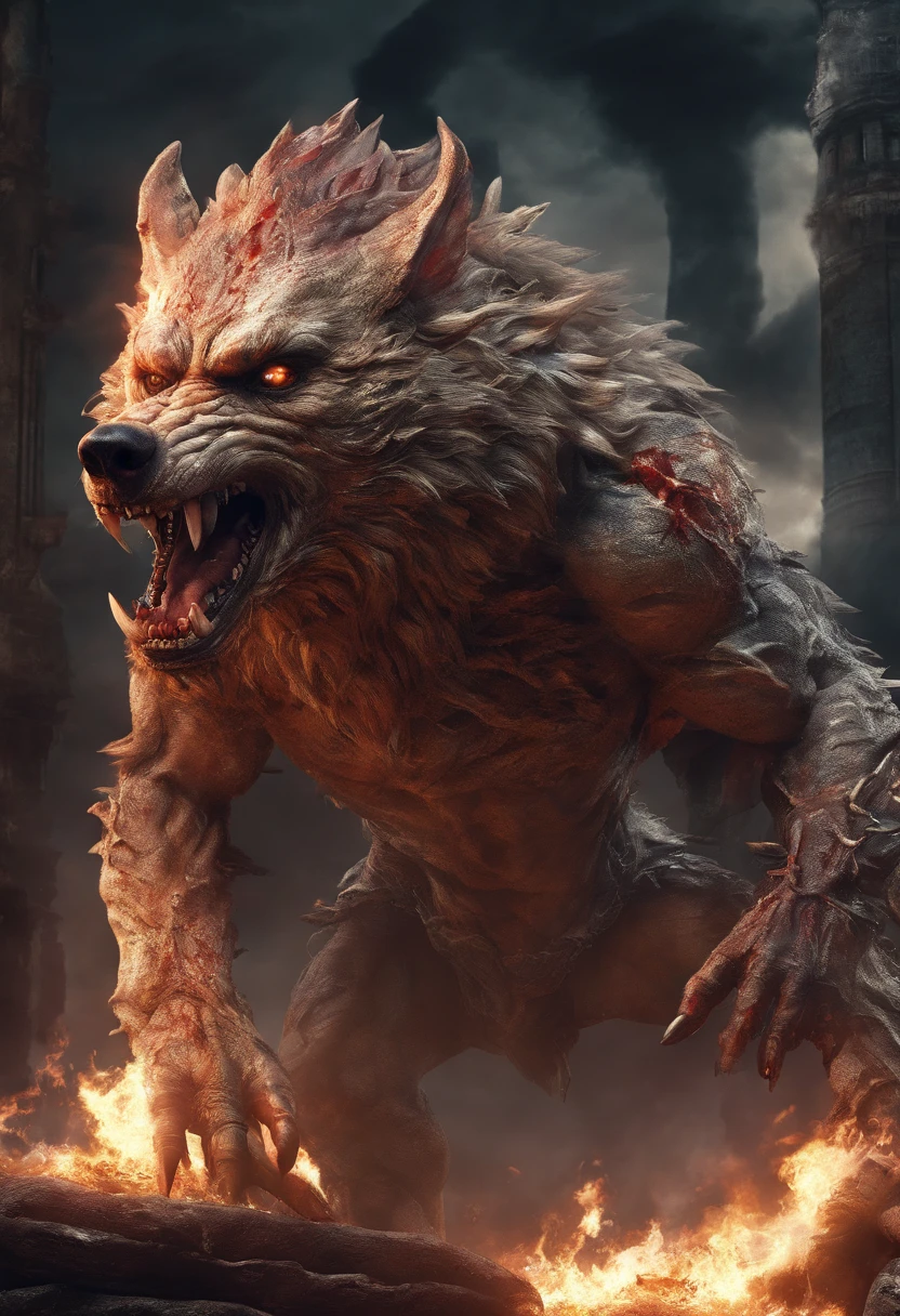 Strange beasts in a fantasy world，Blood，Giant hellwolf covered in flames，Stout limbs，Strong muscles，full moon，broken castles，Burning flame，Blood，Moon Night，中景 the scene is，Full body like， highly detailed surreal vfx，oc rendered，Shot with 70 mm - AR 16:9 --q 2 --s 1000