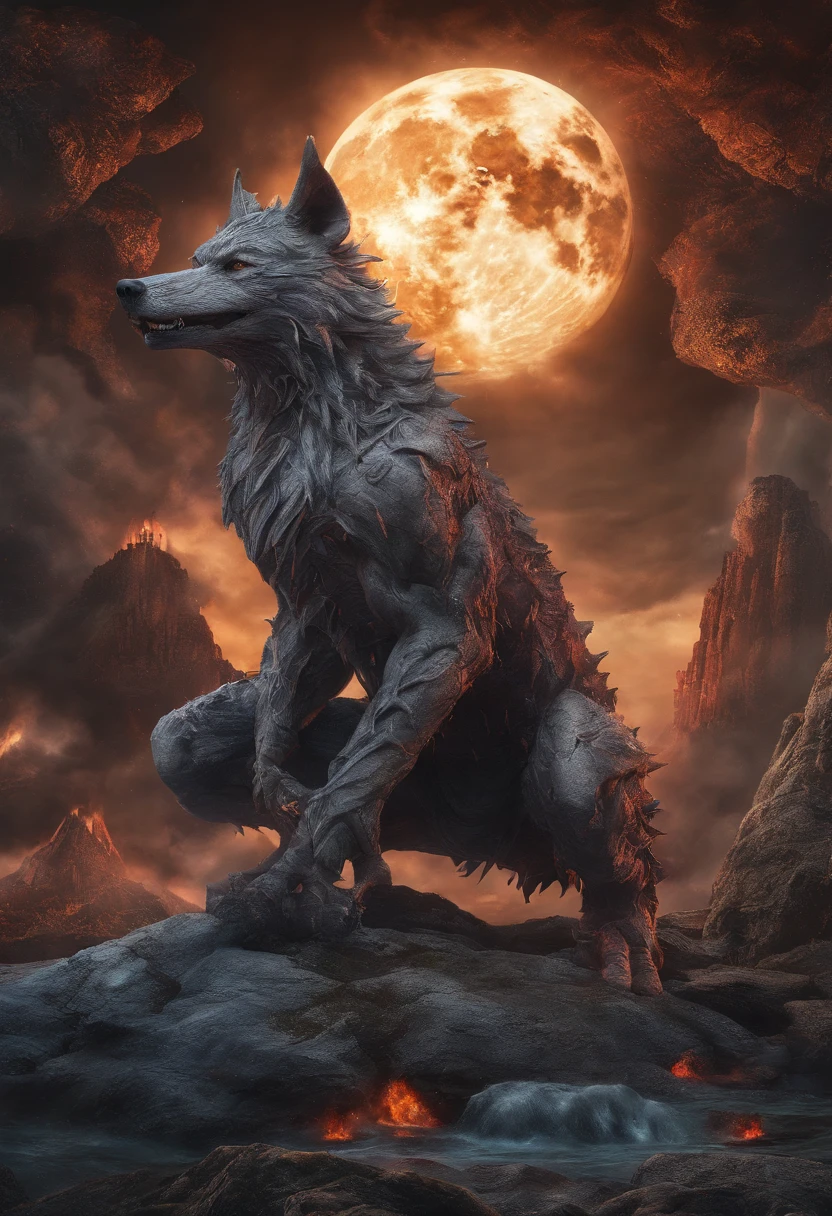 Strange beasts in a fantasy world,Blood,Giant hellwolf covered in flames,Stout limbs,Strong muscles,full moon,broken castles,Burning flame,Blood,Moon Night,中景 the scene is,Full body like, highly detailed surreal vfx,oc rendered,Shot with 70 mm - AR 16:9 --q 2 --s 1000