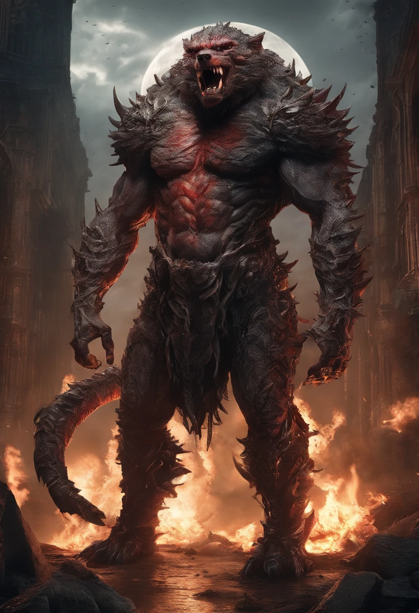 Strange beasts in a fantasy world,Blood,Giant hellwolf covered in flames,Stout limbs,Strong muscles,full moon,broken castles,Burning flame,Blood,Moon Night,中景 the scene is,Full body like, highly detailed surreal vfx,oc rendered,Shot with 70 mm - AR 16:9 --q 2 --s 1000