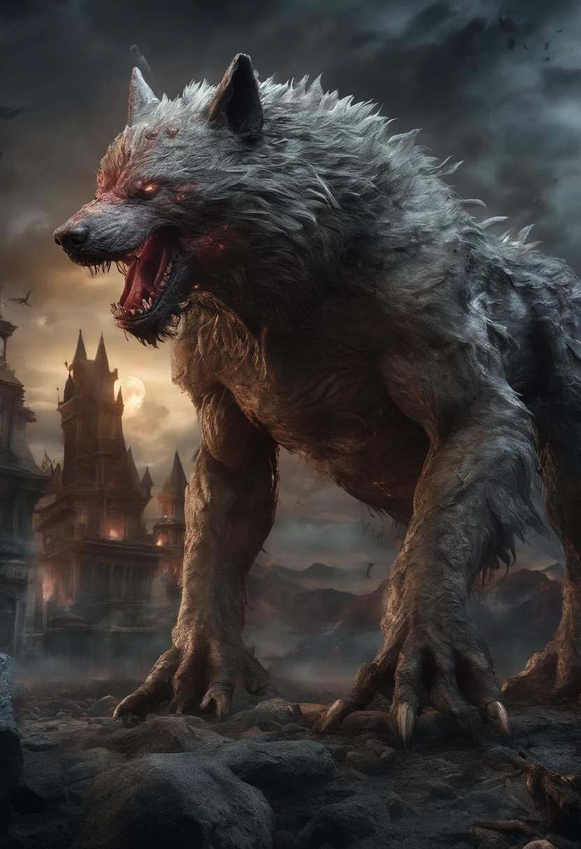 Strange beasts in a fantasy world,Blood,Giant hellwolf covered in flames,Stout limbs,Strong muscles,full moon,broken castles,Burning flame,Blood,Moon Night,中景 the scene is,Full body like, highly detailed surreal vfx,oc rendered,Shot with 70 mm - AR 16:9 --q 2 --s 1000