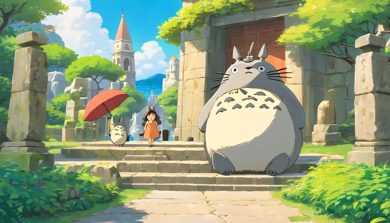 Ghibli style，Greece,The background is the Parthenon,((Stone statue of Socrates:1.2)),((Stone statue of Totoro)),Cat Bus