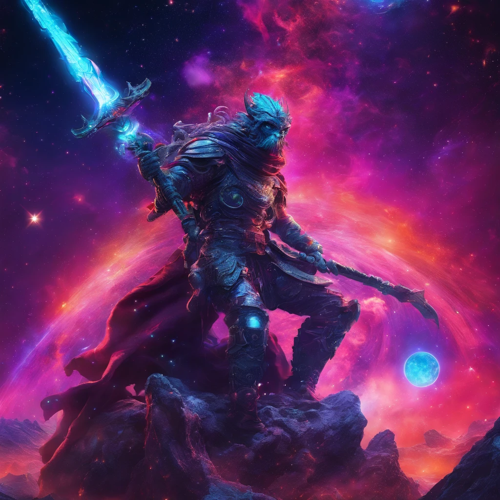 (detailed and vibrant), demonic figure sitting on planet Earth, holding the (ultra-detailed) hell sword, (ultra-vivid colors), (best quality, 4K, high-res) craftsmanship, with the universe as the backdrop, a scene of destruction and chaos unfolds