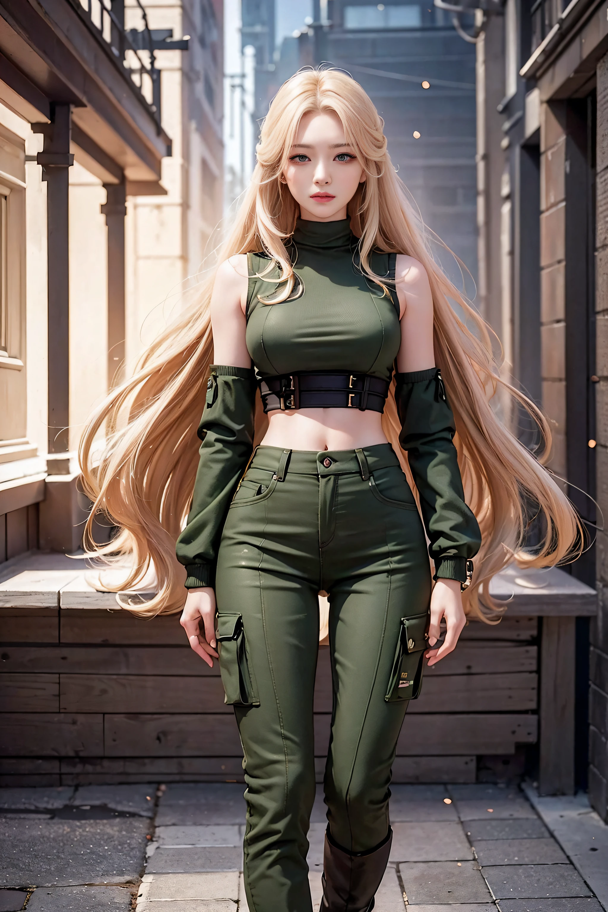 Top HD CG wallpaper,Very detailed and careful CG work,Top photography,,photographrealistic,True, clear picture quality,8k wallpaper,High pixel,Focus point,Ultra-high resolution large files,Solo, Intricate details,Studio lighting effects,Internal dimming,Natural dimming,(Simulate lighting effects:1.1)Surrealist portraits of women,A mature girl,Royal sister style,Long blonde hair,Long blonde hair,Clear and realistic hair,Careful hair(Premium detail hair:1.3),Have a pair of clear eyes,Purple pupils,二重まぶた,Delicate eyelash makeup, Thin eyebrows, Super detailed eyes,Nice big red lips,Mature face,Delicate facial makeup,Clear eye makeup:1.1,Pretty face, a face with perfect proportion,Melon seed face,Fox girl face(Advanced facial details:1.1),Perfect body proportions,Optimal body proportions,Perfect Goddess,Top women's work,special ops,Wearing military cargo trousers,Army green crop top vest,Military boots,On run-down streets,Gaze ahead,Full body display wallpaper,Female officers,Mature Woman Photography Work,Real Photographics,True and clear,,Fantasyart,Fine top-of-the-line work,High-level detail works