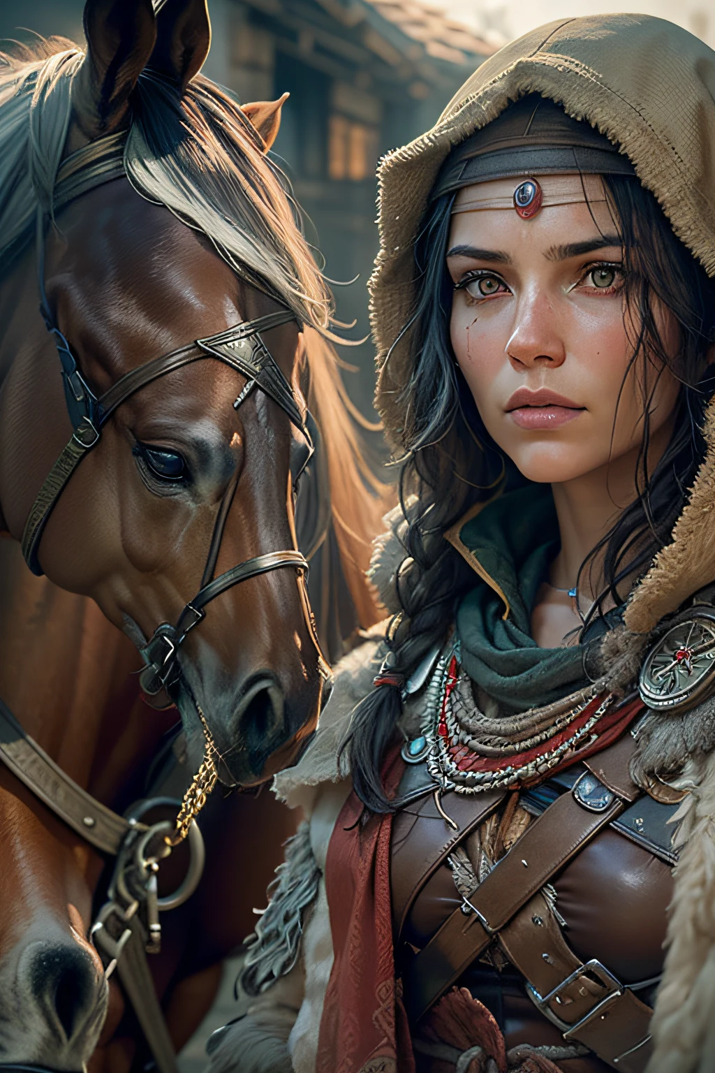 Portrait of a warrior woman stands in front of horse, Jogo de Assassin's Creed, foto realista, post-apocalypse