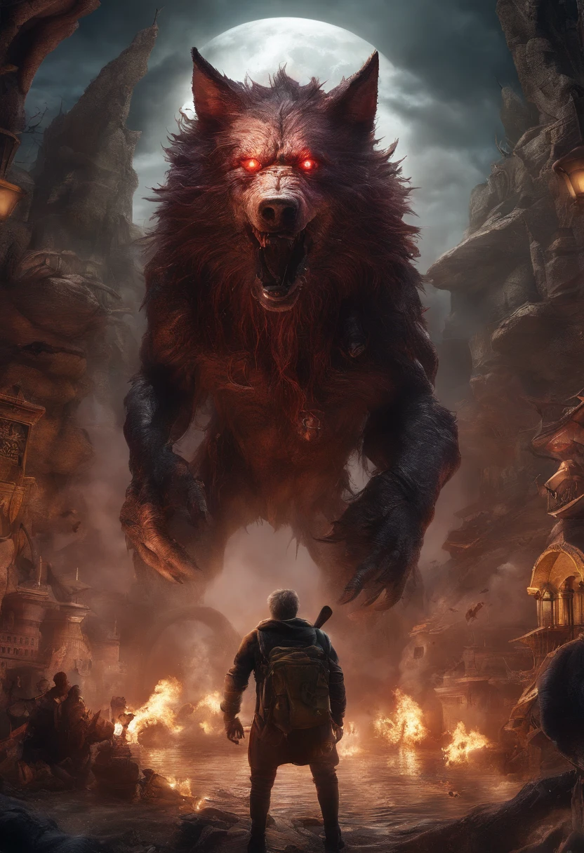 Strange beasts in a fantasy world,Blood,Giant hellwolf covered in flames,Stout limbs,Strong muscles,full moon,broken castles,Burning flame,Blood,Moon Night,中景 the scene is,Full body like, highly detailed surreal vfx,oc rendered,Shot with 70 mm - AR 16:9 --q 2 --s 1000