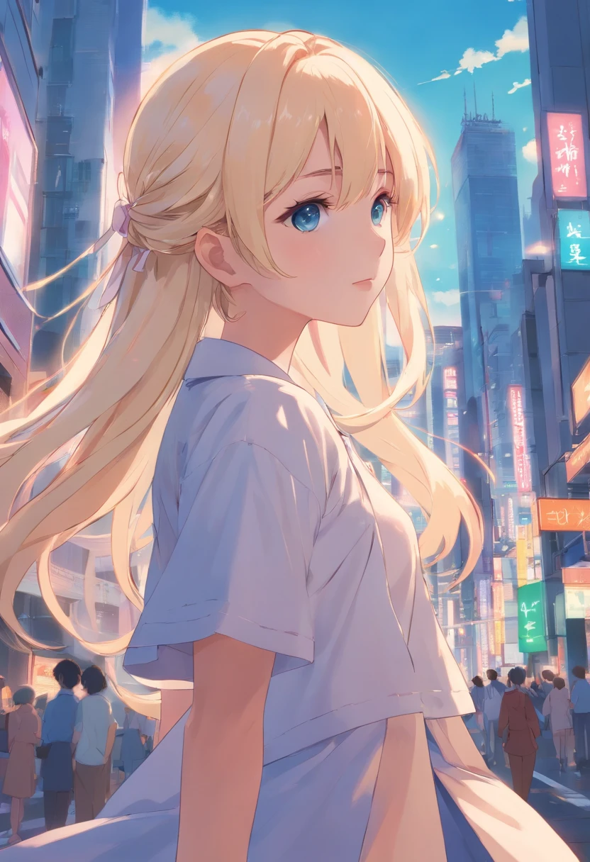 Masterpiece,long whitr hair,extremely hyper,A giantess,In the city,Full limbs,Huge maiden,The face is delicate,White color hair,Double ponytail curls,blue color eyes,White ta,Long-range shots