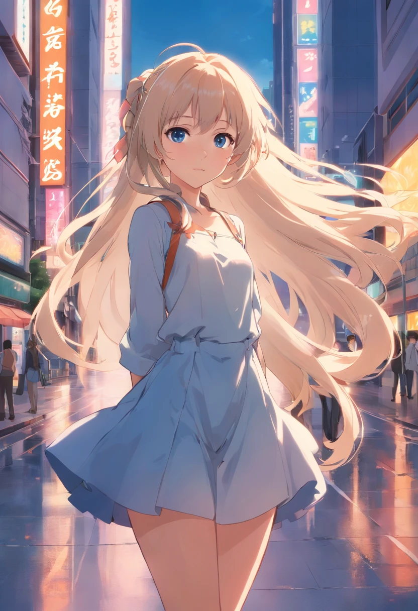 Masterpiece,long whitr hair,extremely hyper,A giantess,In the city,Full limbs,Huge maiden,The face is delicate,White color hair,Double ponytail curls,blue color eyes,White ta,Long-range shots