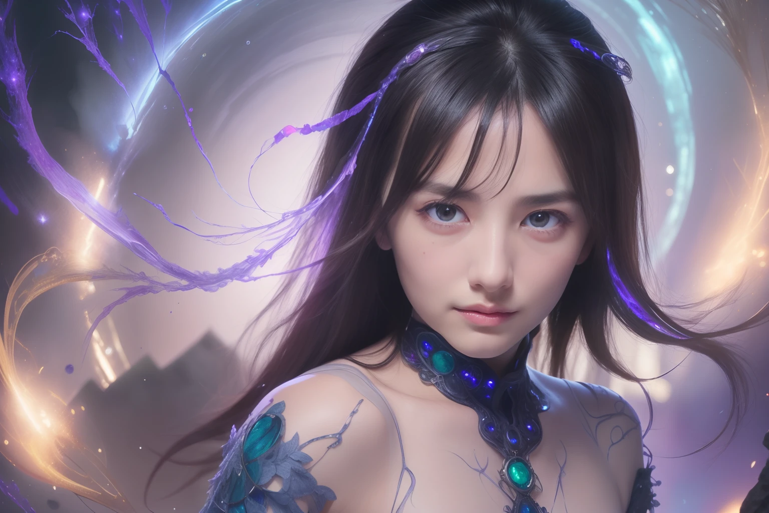 (expression of ecstasy:1.2), From Side, Photorealistic, Official art, Unity 8k wallpapr, 8K Portrait, Best Quality, Very high resolution, (Incredibly beautiful nature background:1.6), One girl, One beautiful teenage italian girl, , Obscene, (Sexy and glamorous:1.1), (A coquettish expression:1.6), (small breasts with raised pink areolas,,,:1.6), Vulgarity, (seductively smiling:1.2), (full body1.0), (erotic posing:1.5), (Magic Attack Pose:1.6),(magical effects like sparkles or energy:1.5), (Electric shock from hands:1.1), (Detailed blue bodysuit with beautiful fractal or marble design:1.5), (Beautiful and d delicate ruby, topaz, emerald and sapphire jewelry:1.45), Beautiful seductive face, Portrait, (Thick eyebrows:1.2), (Big purple eyes:1.2), Beautiful eyes with fine symmetry, (Ultra detailed eyes:1.4), (High resolution eyes:1.1), Intimate face, (ultra detailed skin texture:1.4), White skin, pale skin, Perfect Anatomy, Thin, (Beautiful toned body:1.1), Hair Bow, (Moist skin:1.1), full of sweat, No makeup, dark circles, Good anatomy, Focus Face, goodlook ing, (Emilia Clark:0.6) (Emma watson:0.3),(Jennifer Connelly:0.4), (sensual face:1.5), Elegant face, Nice, Dolce, Cyberpunk Sci-Fi, (Gauntlets with intricate and beautiful designs:1.2), Blurred background, Blurred foreground, depth of fields, (Motion Blur:1.1), Complex and colorful biomechanical bodysuit, Zentangle, mandalas, Entangled, (Small breasts:1.2), Sheer breast, (Beautiful :1.2), (NSFW:1.2), large hips, drivel, Juice stain, grabbing on breasts, open