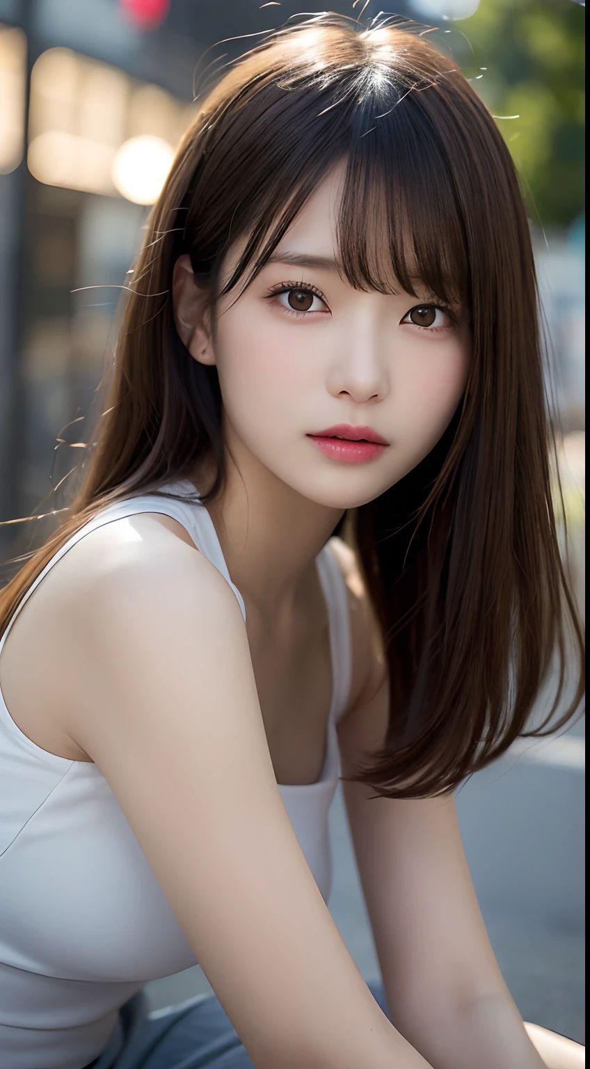 finely detail, hight resolution, hightquality、Perfect dynamic composition, Beautiful detailed eyes, Medium Hair, small tits、Natural Color Lip,Kamimei、Shibuya、20 years girl、1 persons、Transparent skin、Glowing hair、masutepiece, Best Quality, Illustration, Ultra-detailed, finely detail, hight resolution, 8K、The correct state of the human body、crouching down、Gravure Model Pose，Hair fluttering in strong winds