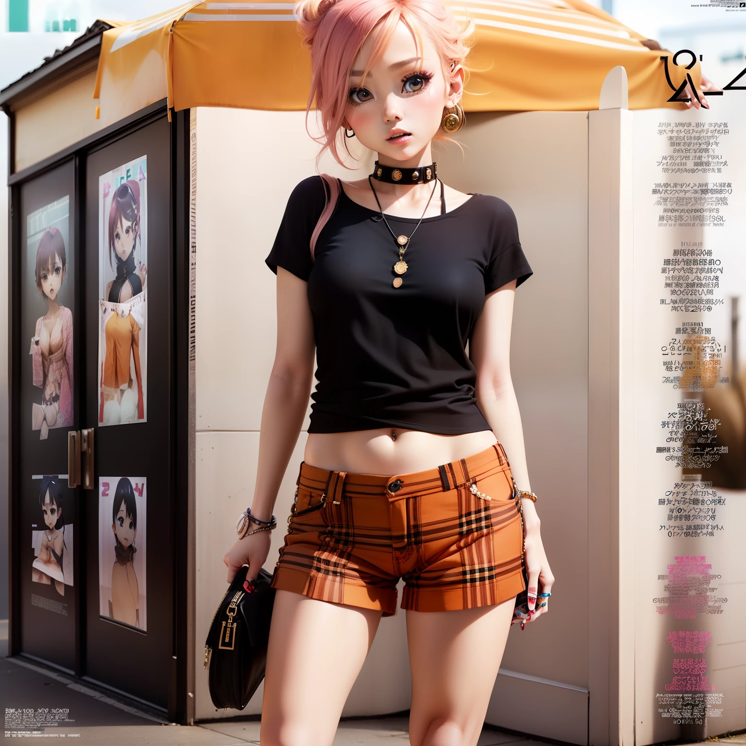A young woman with light brown skin walking along a waterfront at night. She has shoulder-length orange hair and is wearing a yellow T-shirt with black text and a black skirt with a brown belt. She is carrying a brown shoulder bag and has a city skyline with lit-up buildings in the background. The scene is illuminated by city lights, giving it a realistic urban feel. She has a surprised expression and is looking towards the viewer, with her hand raised as if waving or adjusting her hair, Full body