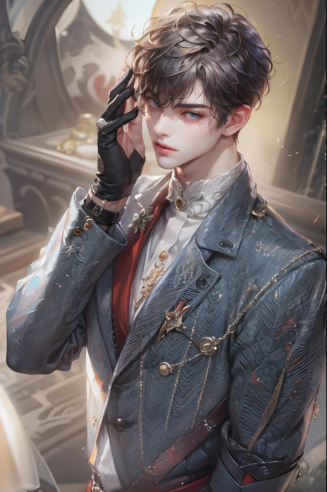 (absurdres, highres, ultra detailed, HDR), masterpiece, best quality, Android Game Character , short hair, handsome boy, anime eyes, Mobile Legends Hero, detailed scebe, detailed character